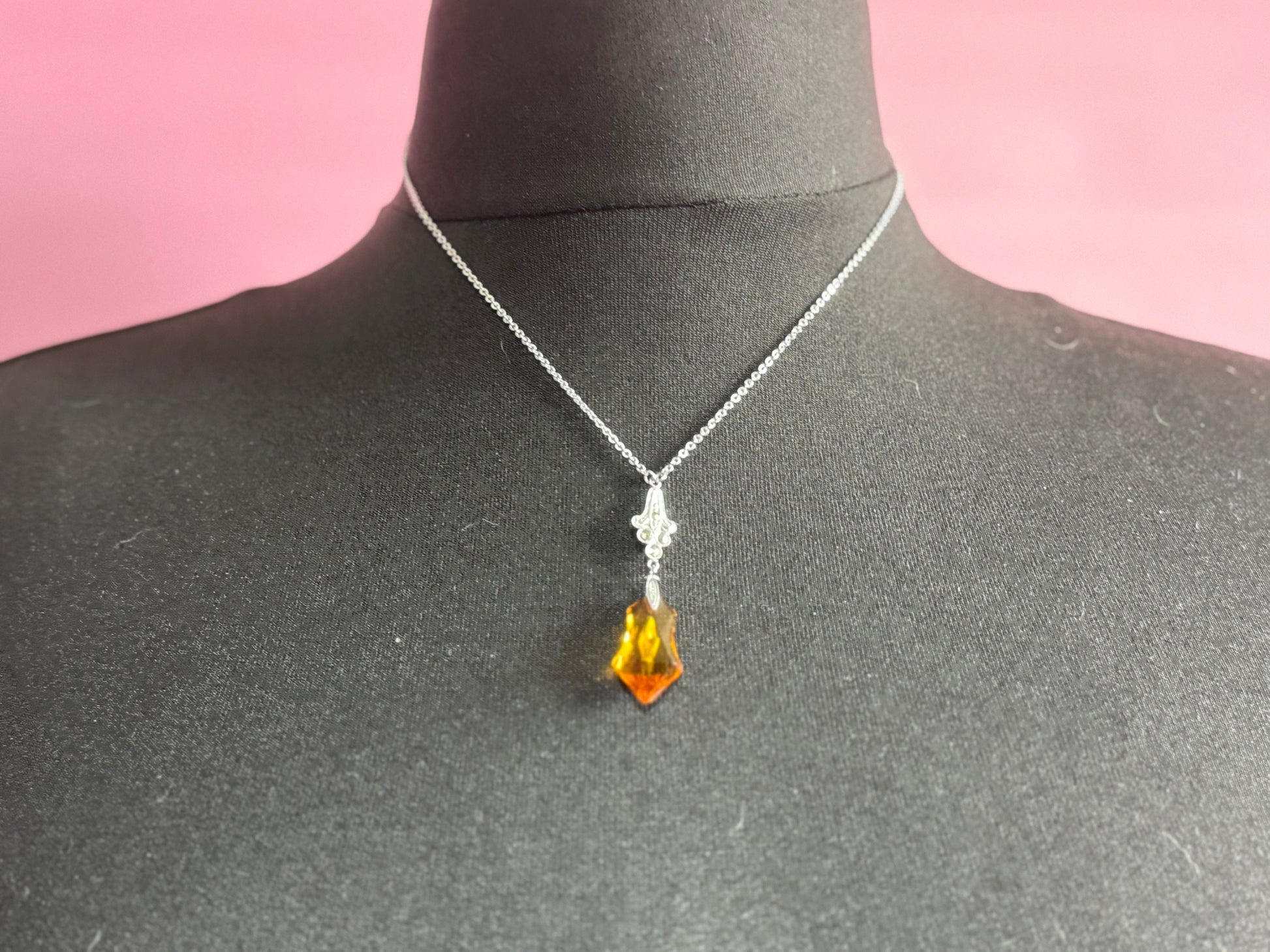 Art Deco chromed crystal orange citrine glass squares silver antique pendant drop necklace 1920s