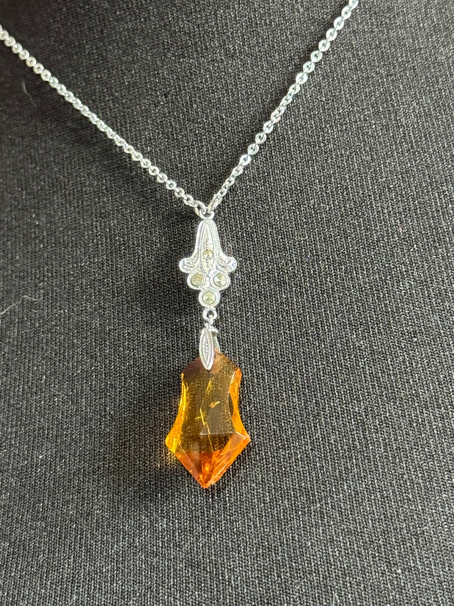 Art Deco chromed crystal orange citrine glass squares silver antique pendant drop necklace 1920s