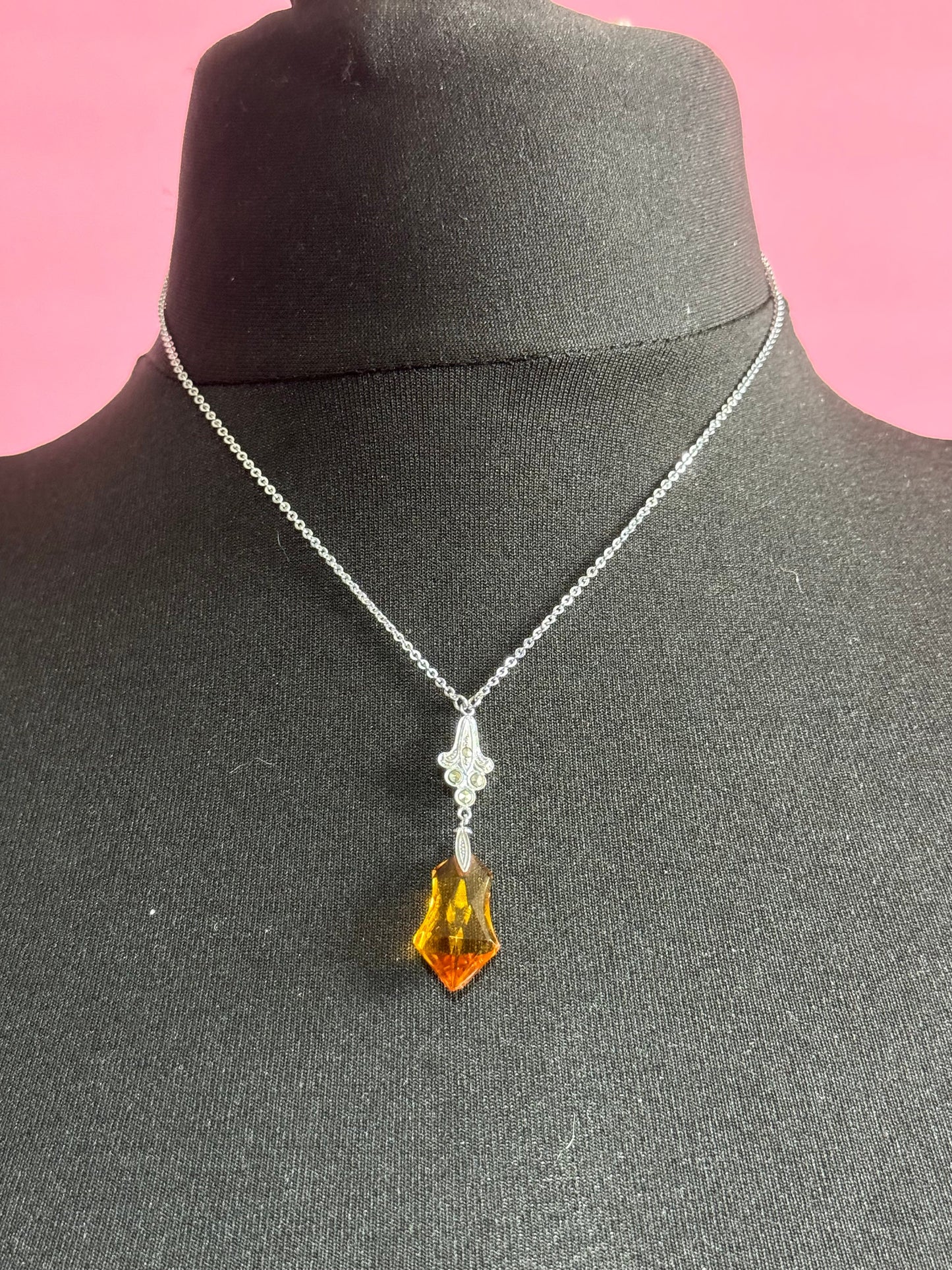 Art Deco chromed crystal orange citrine glass squares silver antique pendant drop necklace 1920s