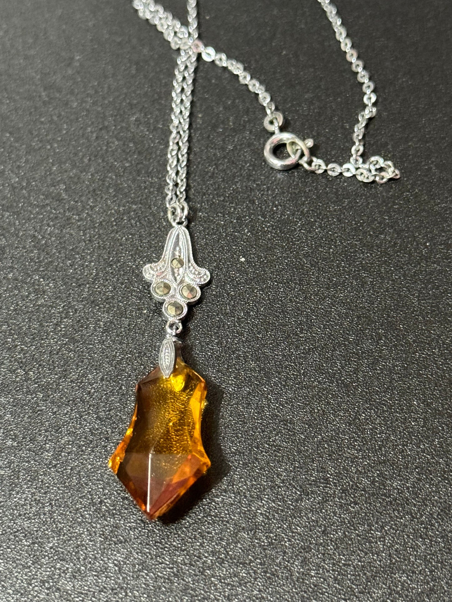 Art Deco chromed crystal orange citrine glass squares silver antique pendant drop necklace 1920s