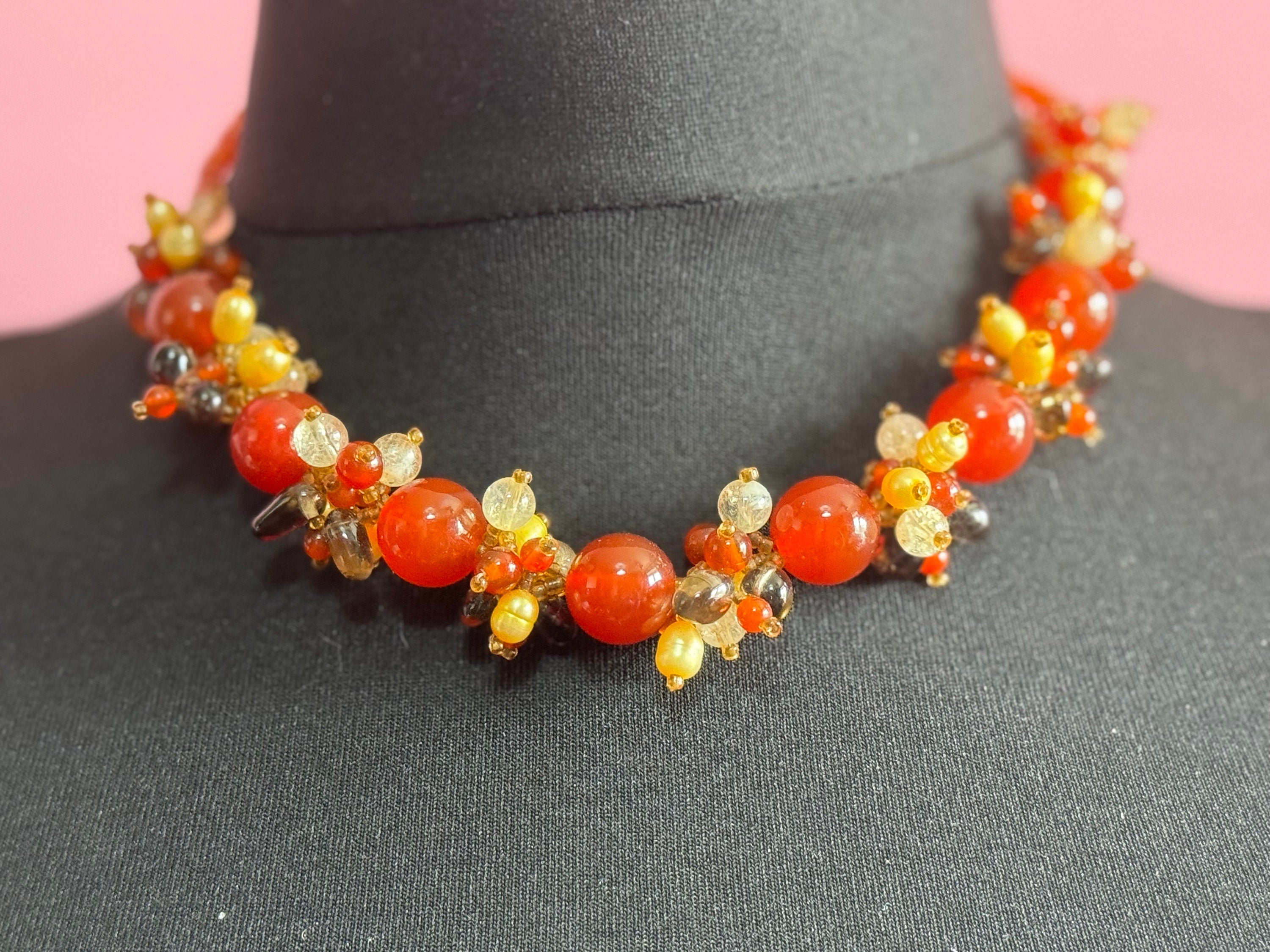 Genuine pearl and carnelian beaded cluster necklace with White metal silver clasp