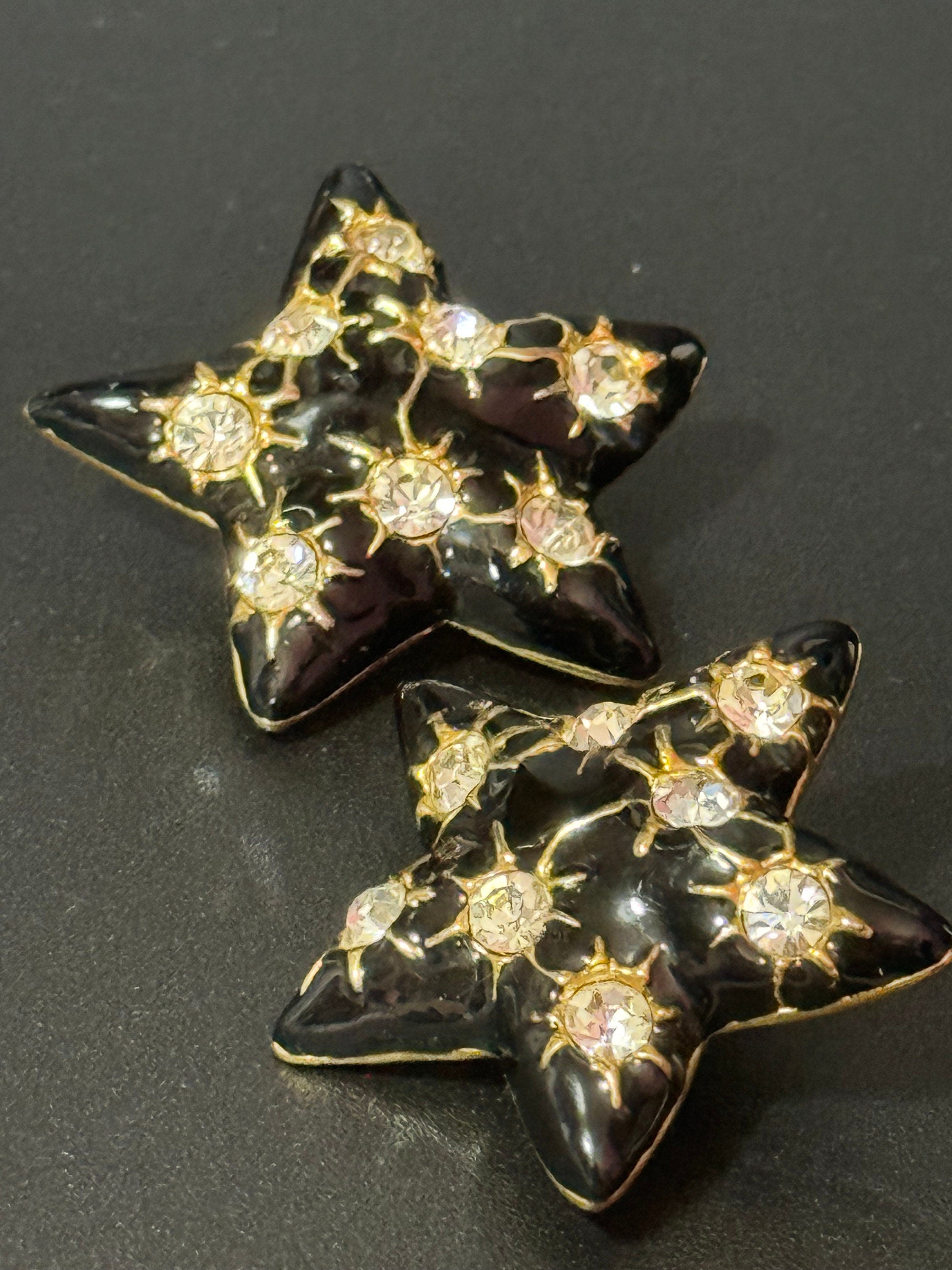 retro Oversized black enamel gold statement star diamanté clip on stud earrings