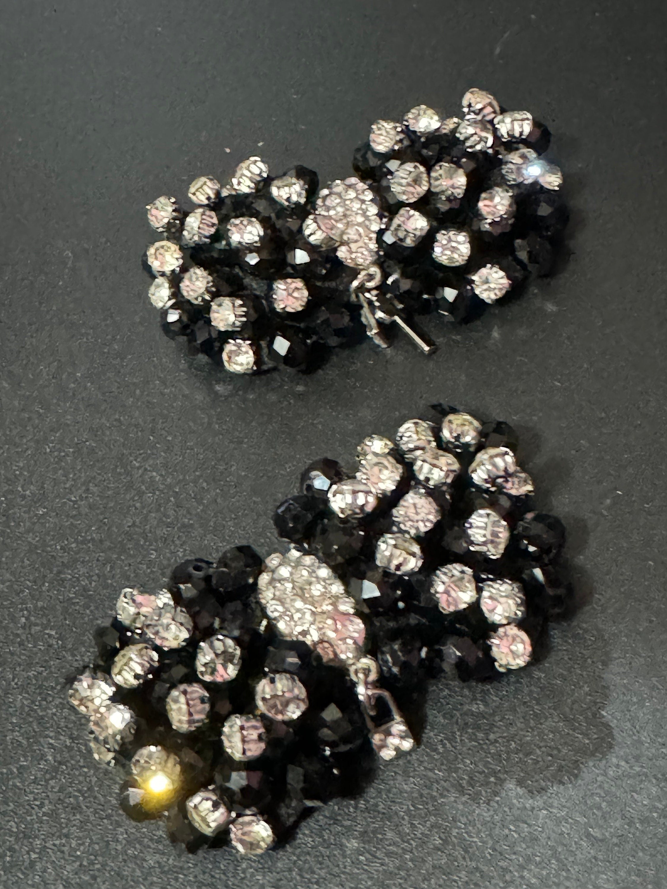 pair of large black and silver faceted diamanté glass beaded bow shoe clips