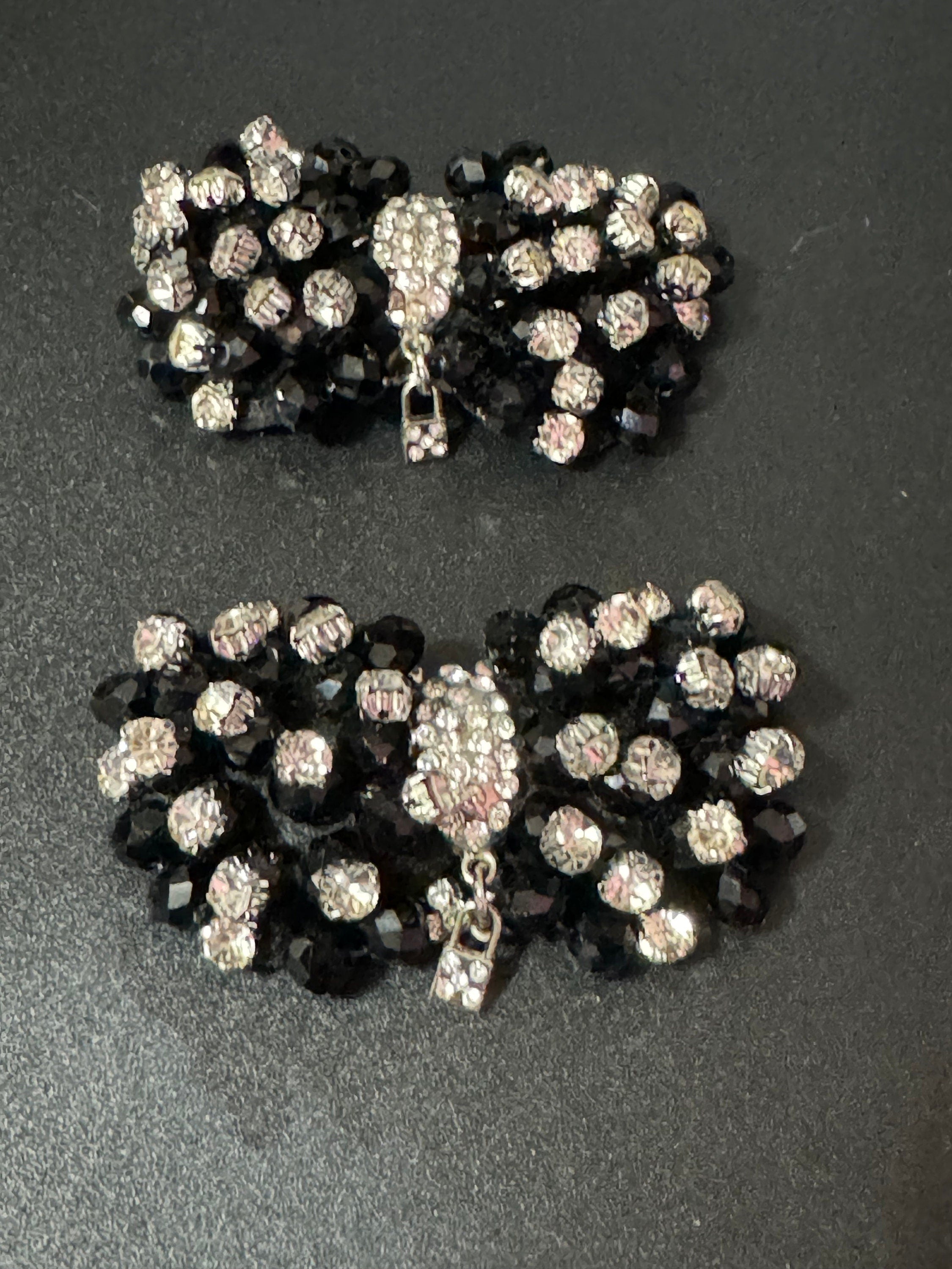 pair of large black and silver faceted diamanté glass beaded bow shoe clips