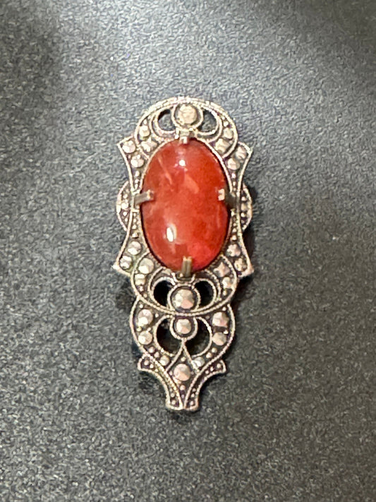 1 x Art Deco Chrome carnelian cabochon and marcasite rhinestone Dress Clip