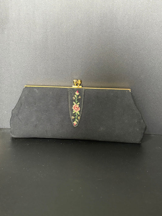 Vintage black crepe Evening Bag Purse with floral petit point embroidery mid century