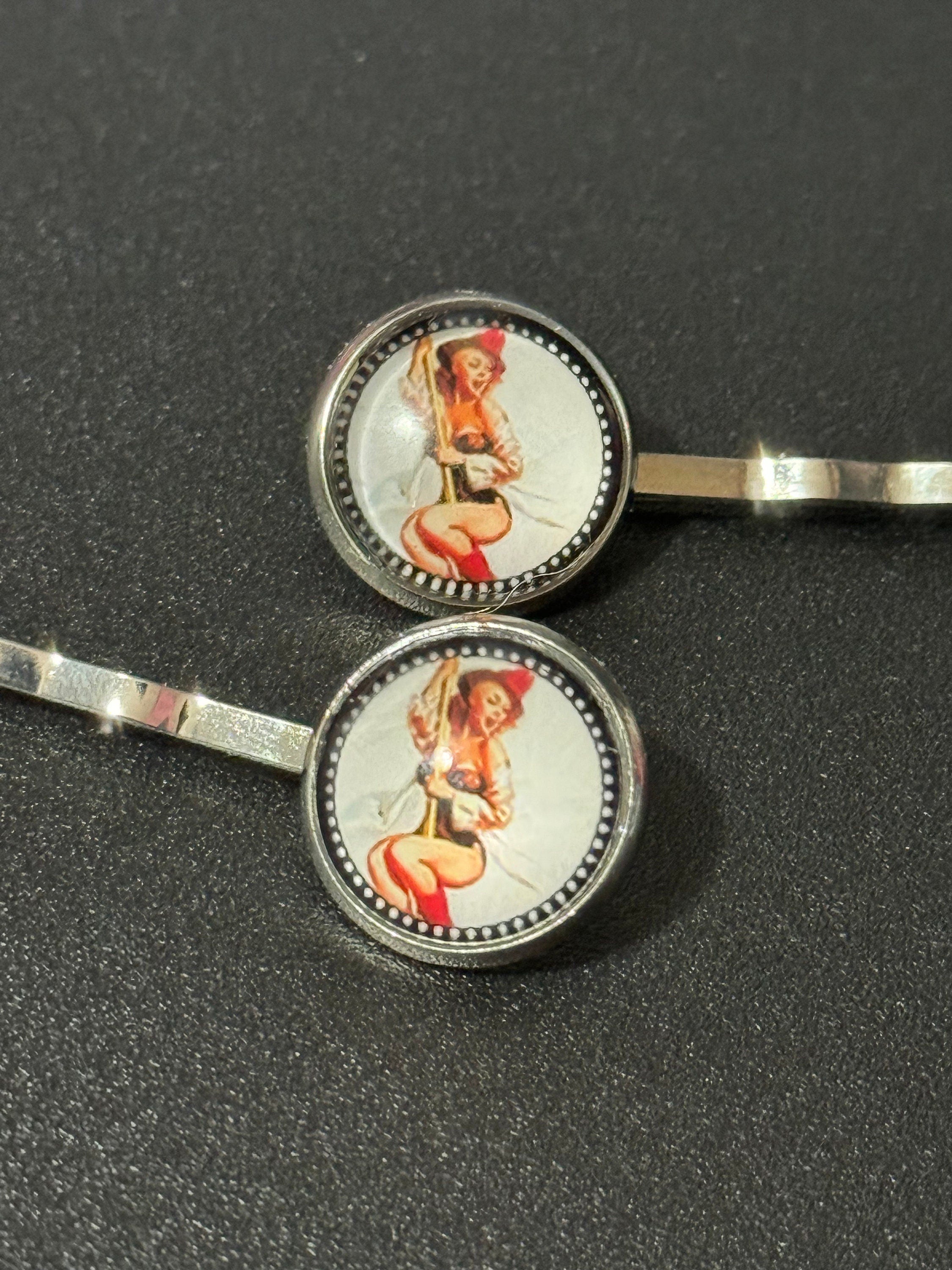 pin up girl model wavy hair slides, Vintage Hollywood glamour style, silver tone clips with glass cabochons