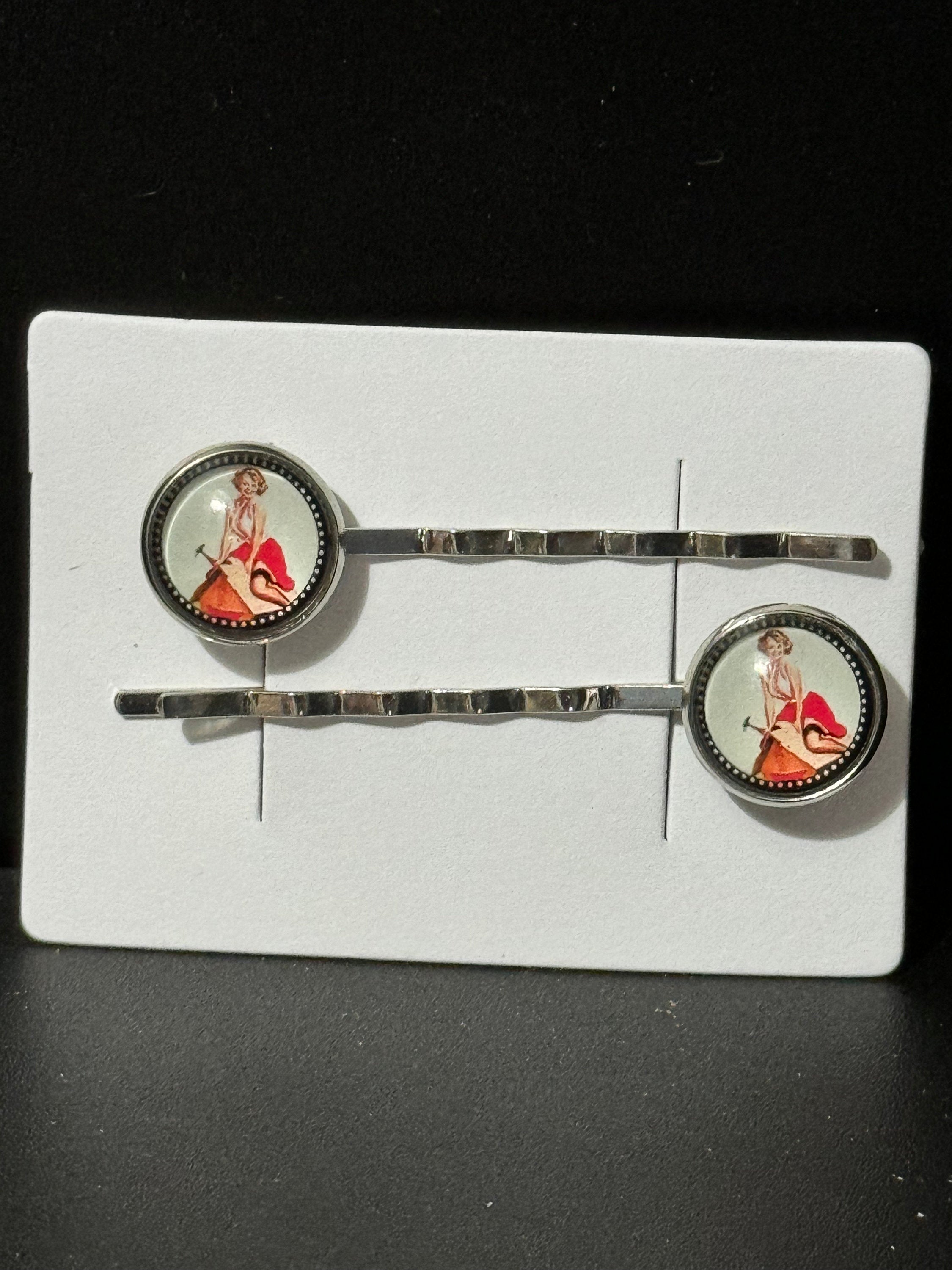 pin up girl model wavy hair slides, Vintage hollywood glamour style, silver tone clips with glass cabochons