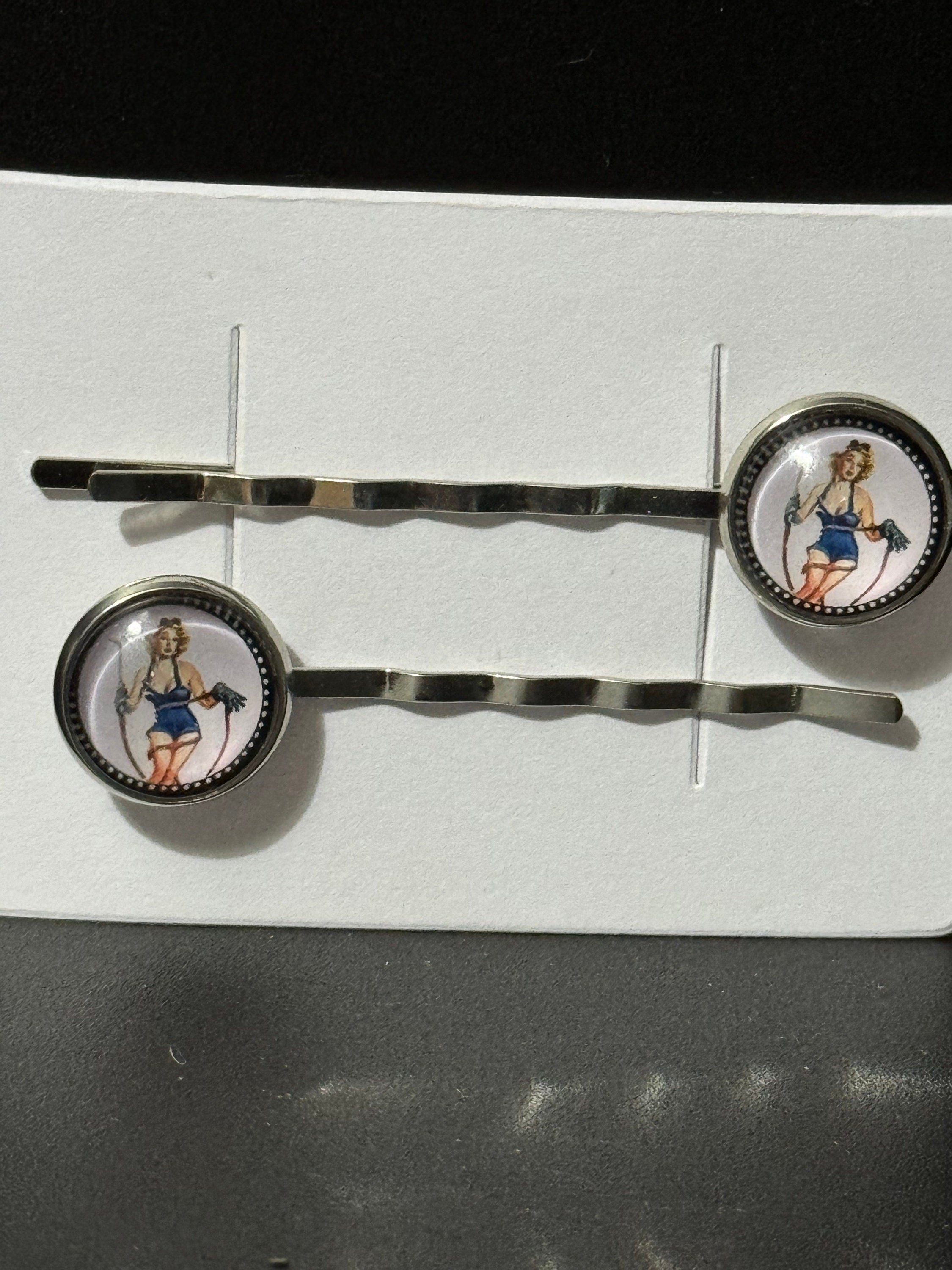 pin up girl model wavy hair slides, Vintage Hollywood glamour style, silver tone clips with glass cabochons, blue