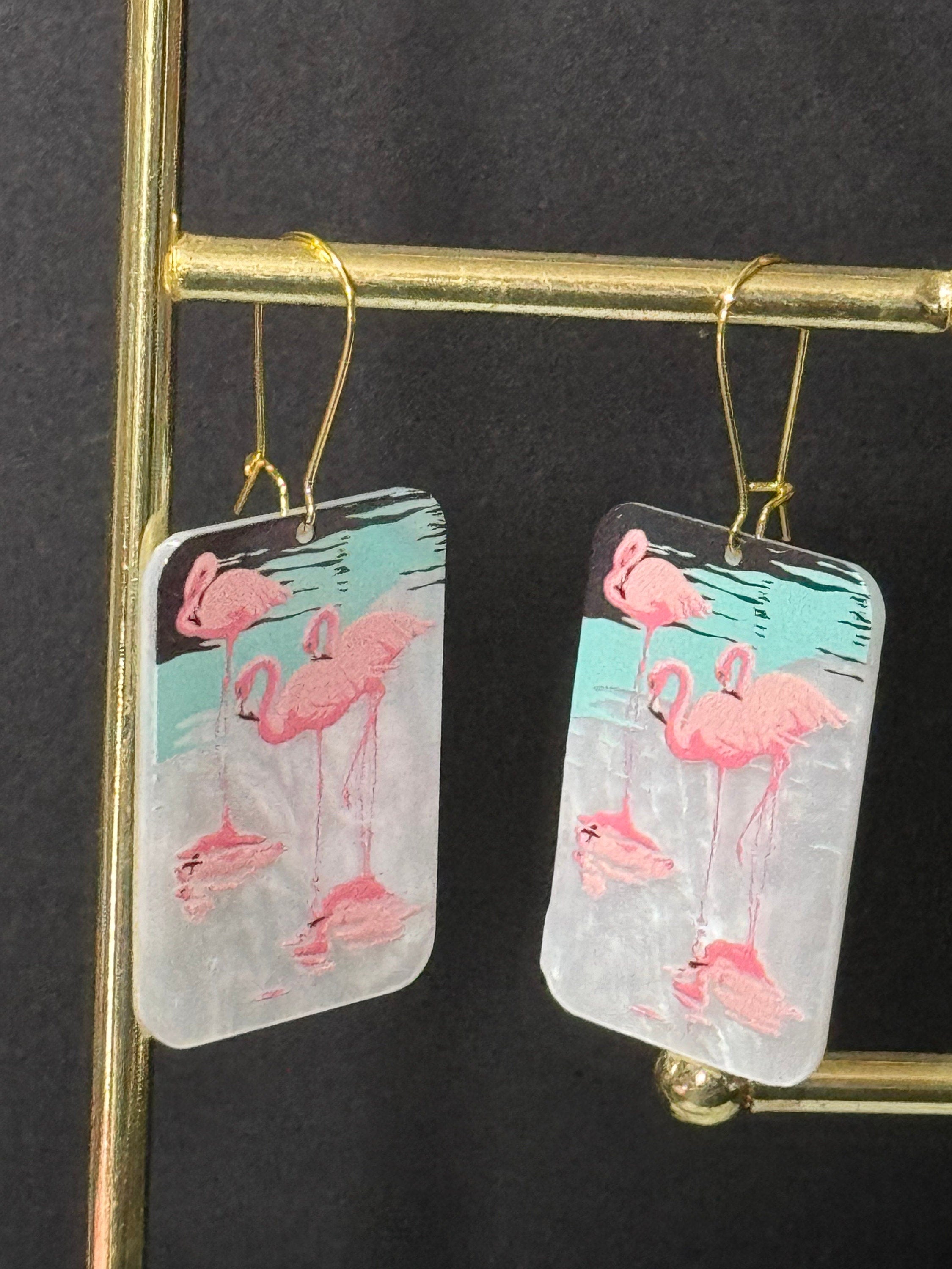 Oversized novelty Bright Pink large pearl Acrylic panel Flamingo drop earrings