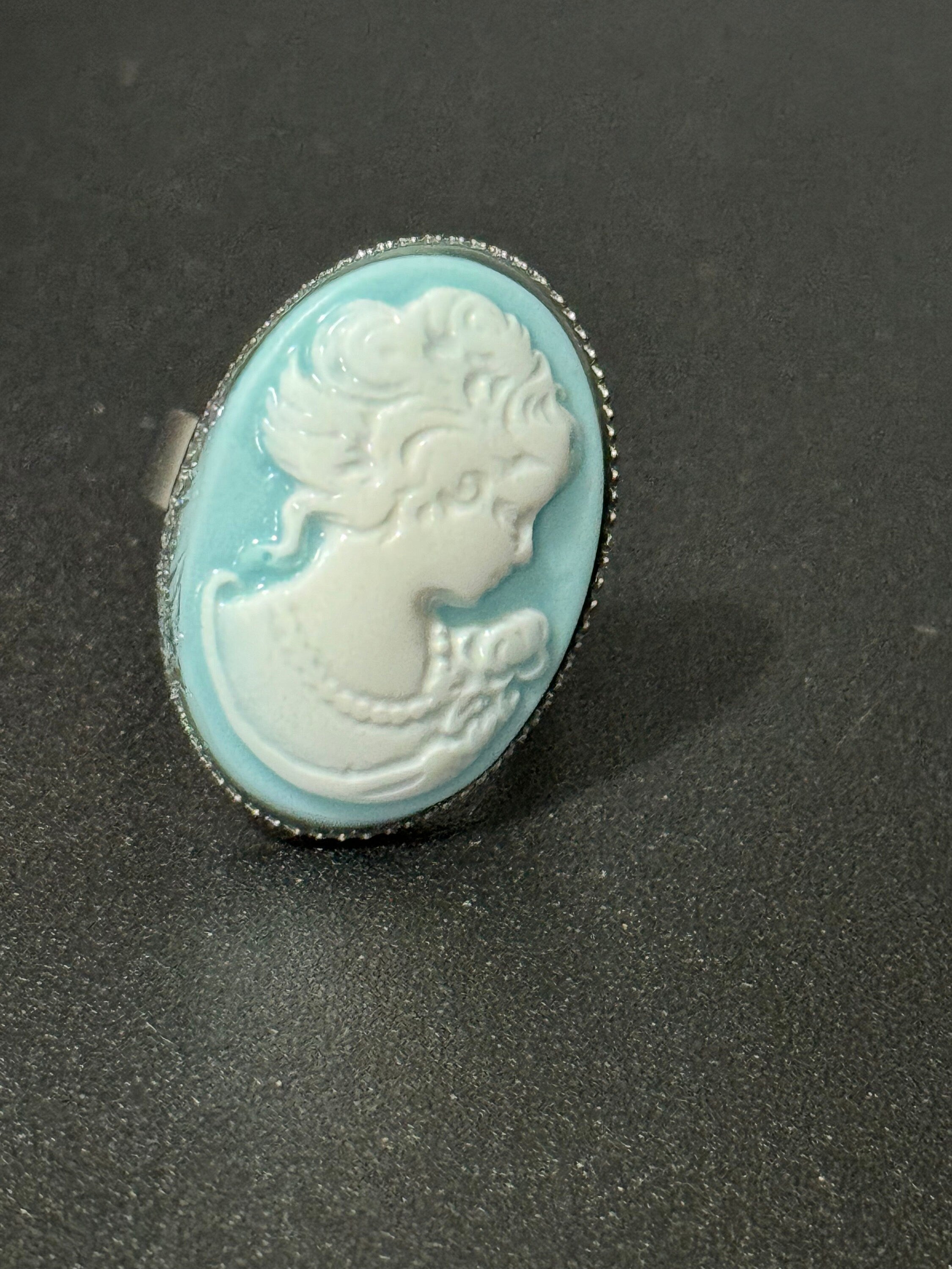 blue resin cameo lady ring adjustable non tarnish stainless steel