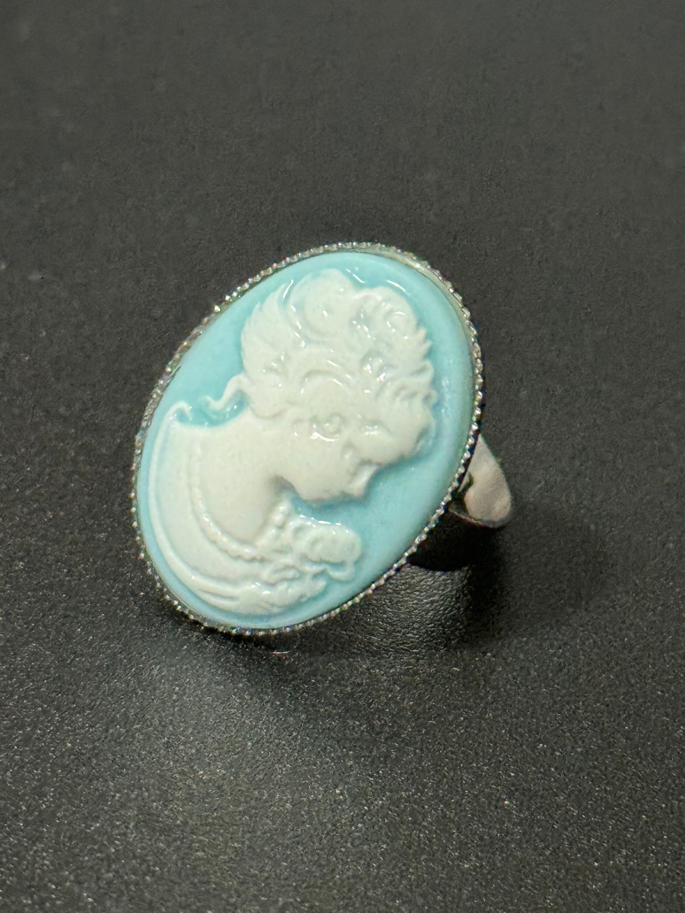 blue resin cameo lady ring adjustable non tarnish stainless steel