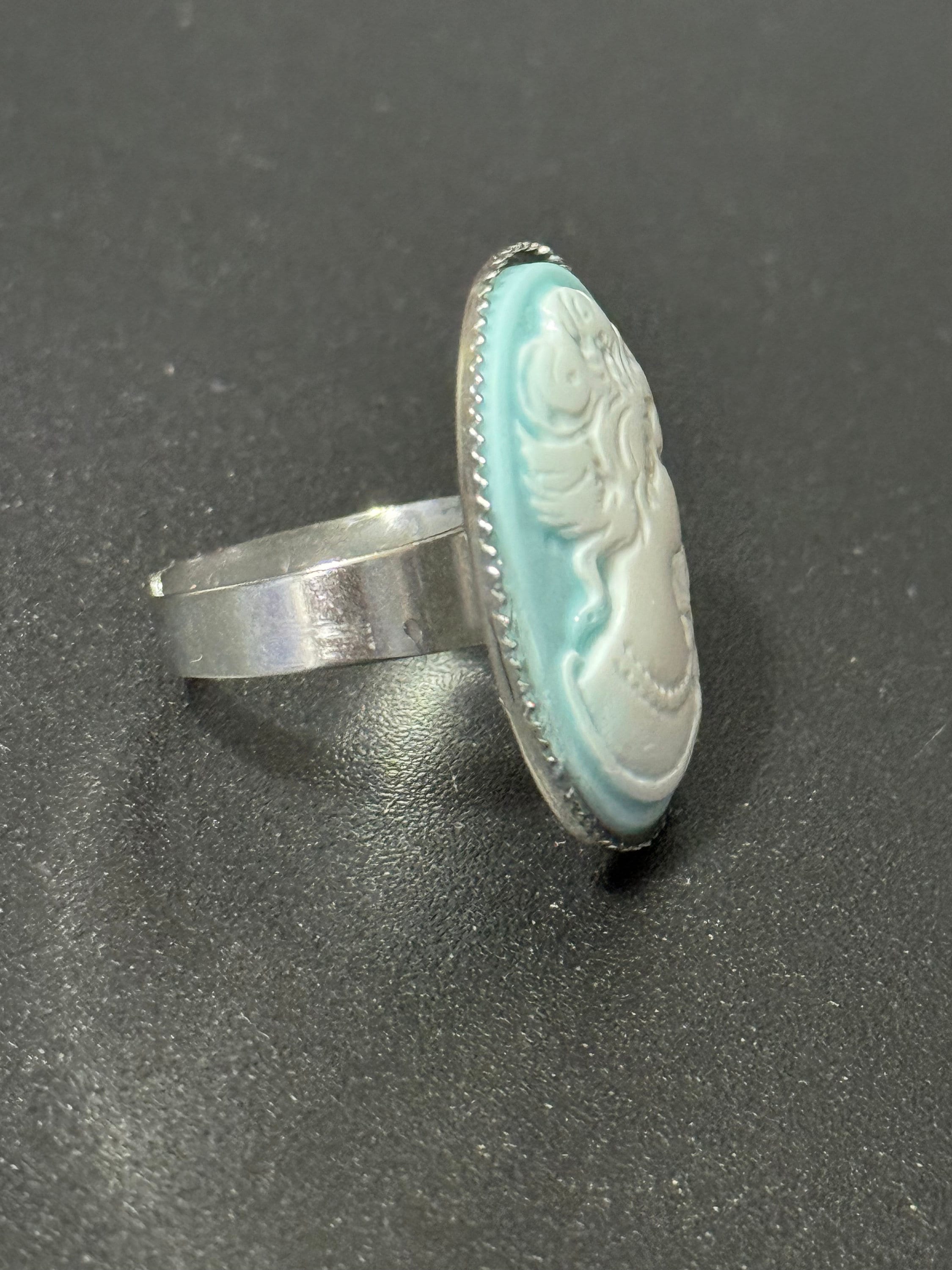 blue resin cameo lady ring adjustable non tarnish stainless steel