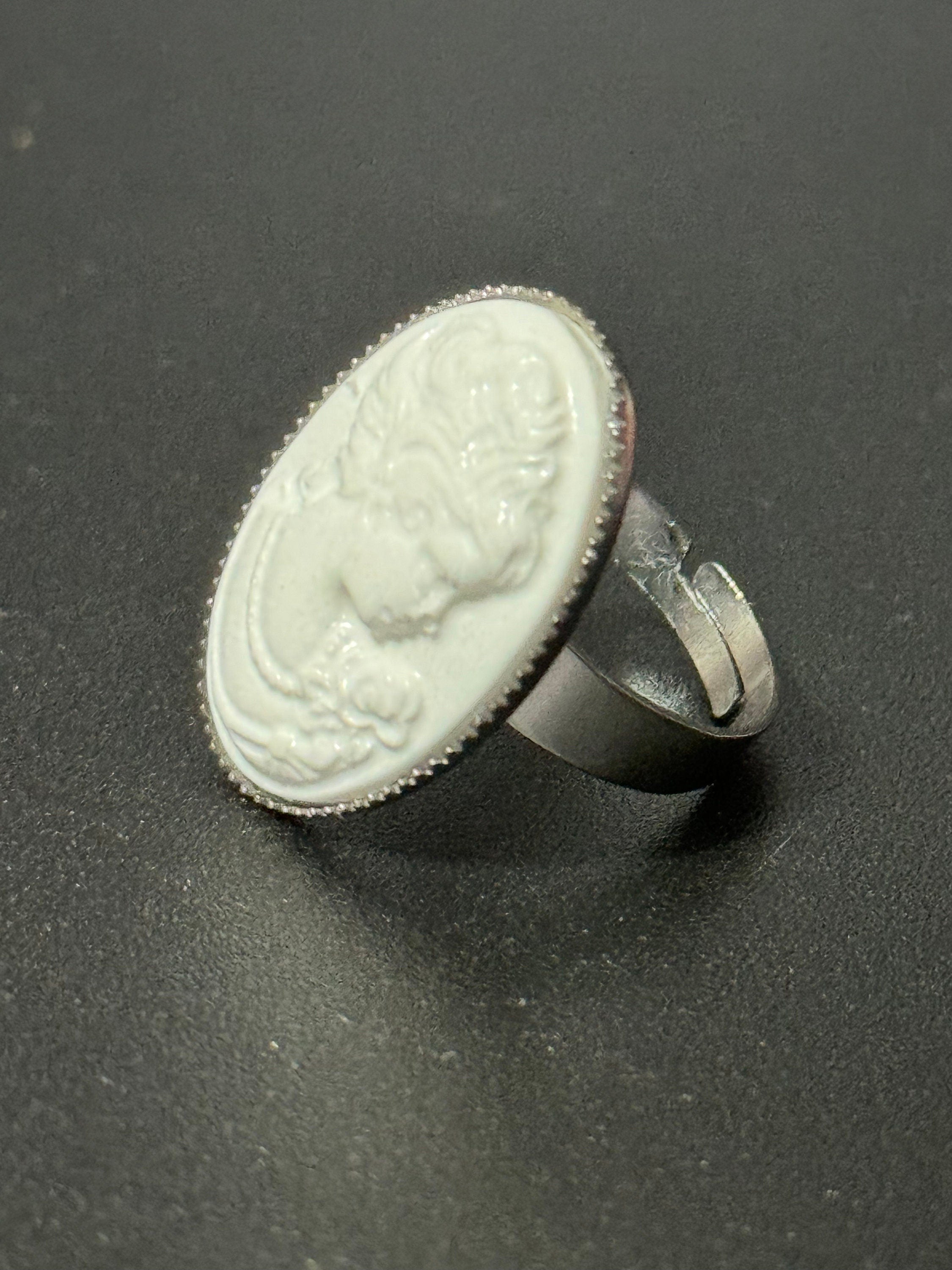 White resin cameo lady ring adjustable non tarnish stainless steel