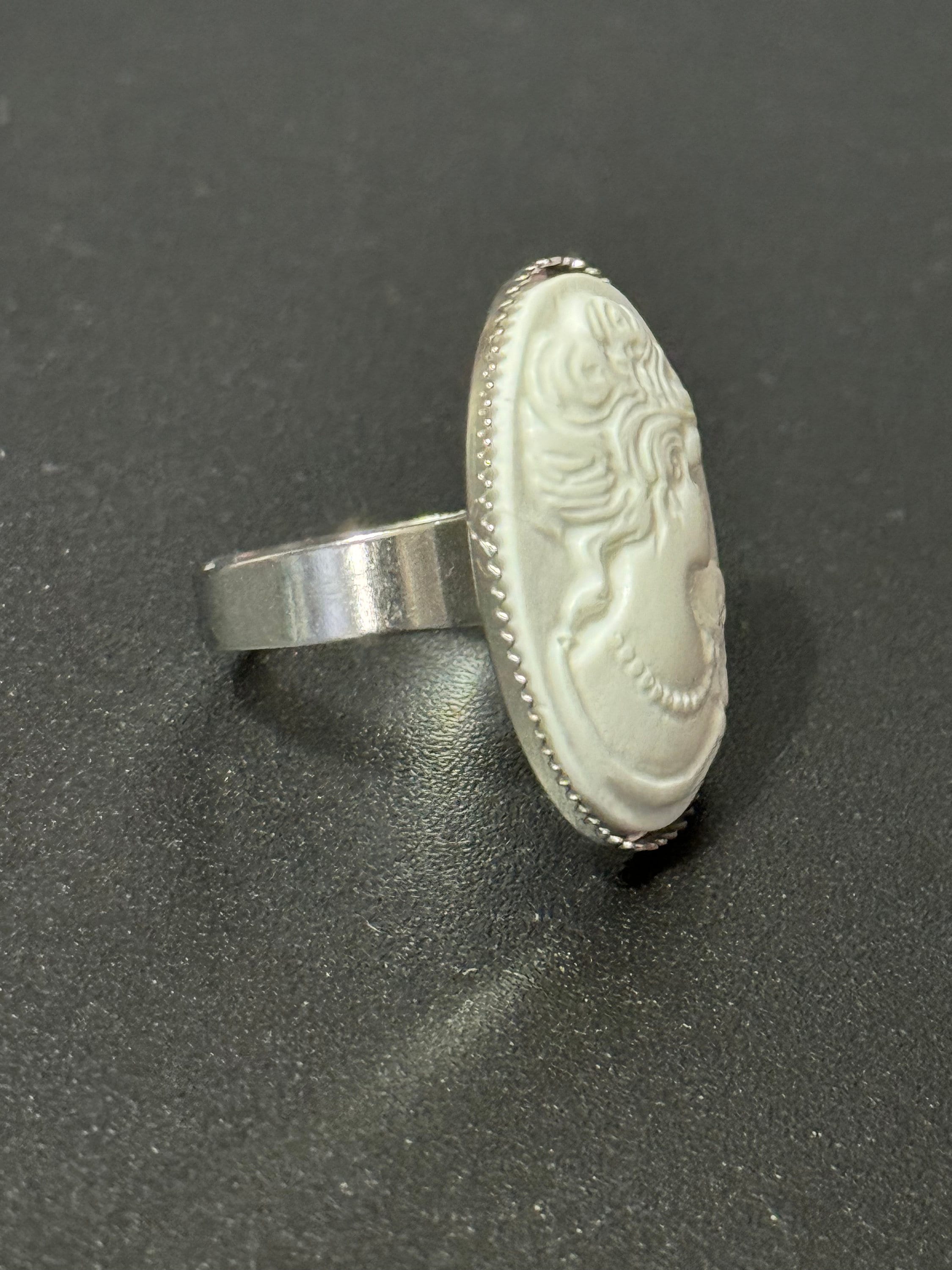 White resin cameo lady ring adjustable non tarnish stainless steel