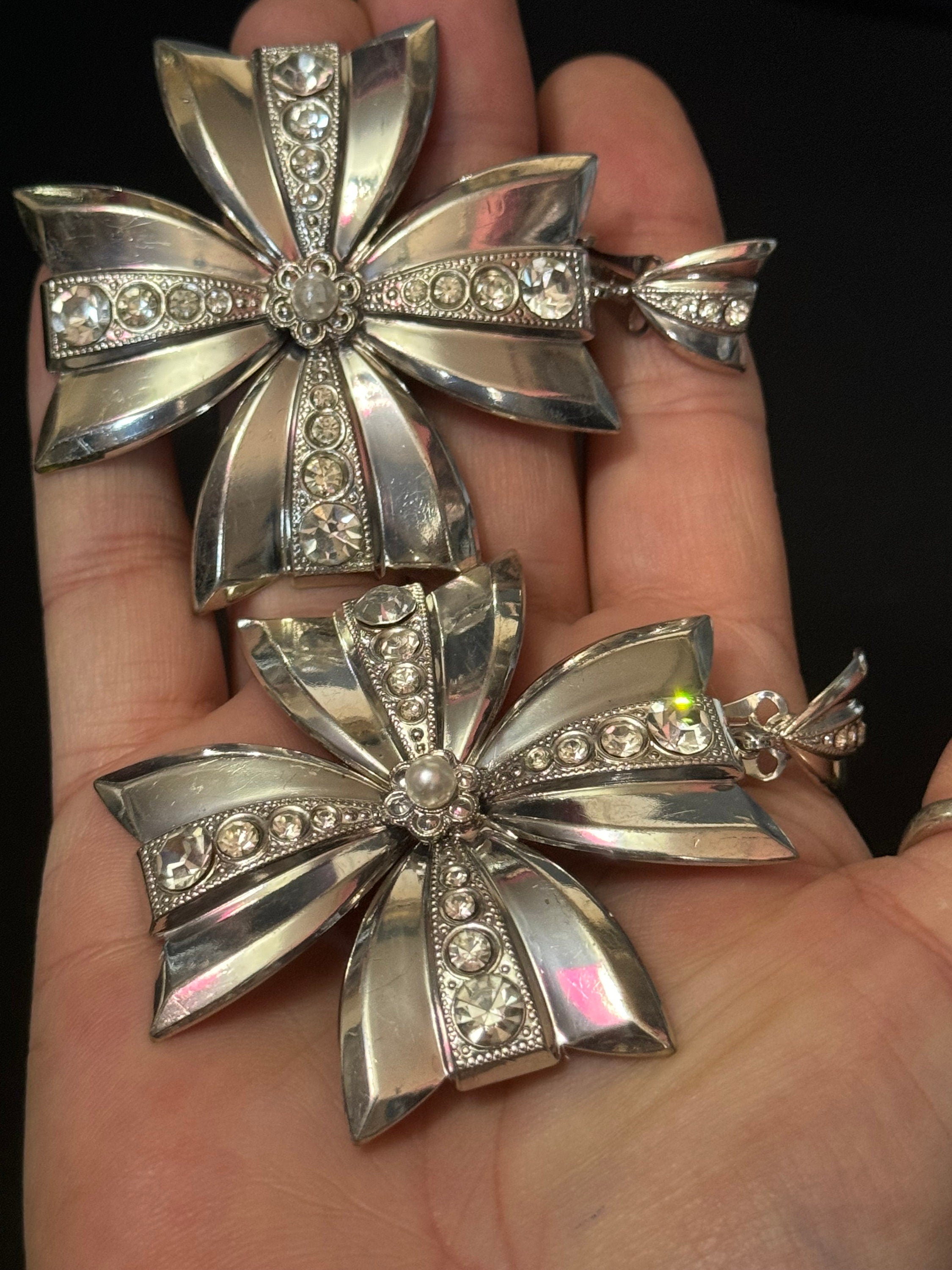 XXL True vintage Silver tone oversized pair of Maltese cross clip on earrings set with clear diamanté and faux pearls