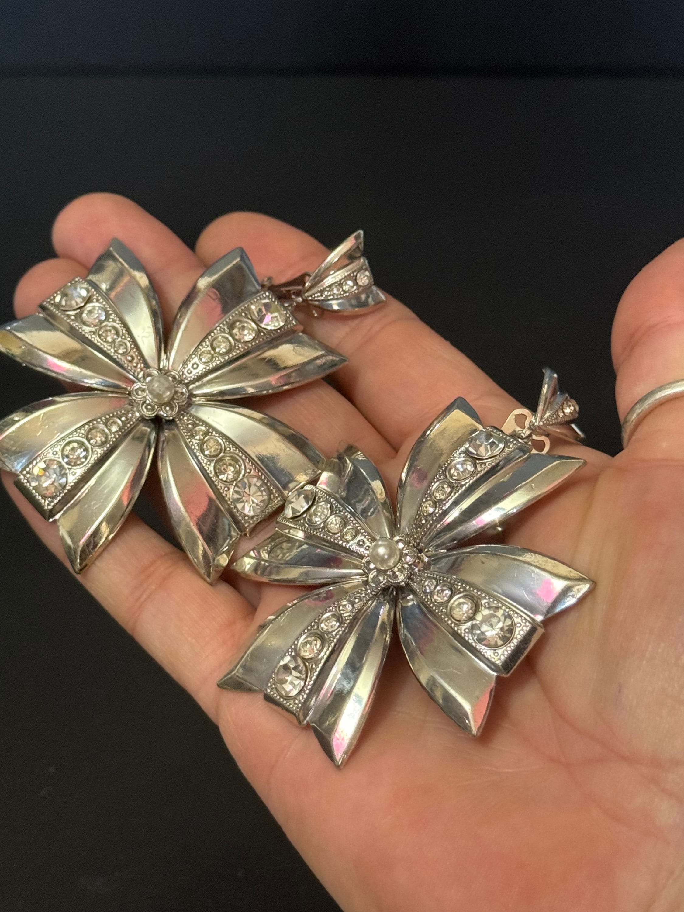 XXL True vintage Silver tone oversized pair of Maltese cross clip on earrings set with clear diamanté and faux pearls