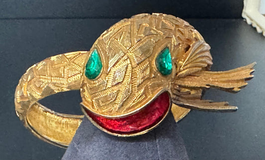 gold Chinese serpent snake clamper bangle bracelet with red enamel and emerald rhinestones mid century