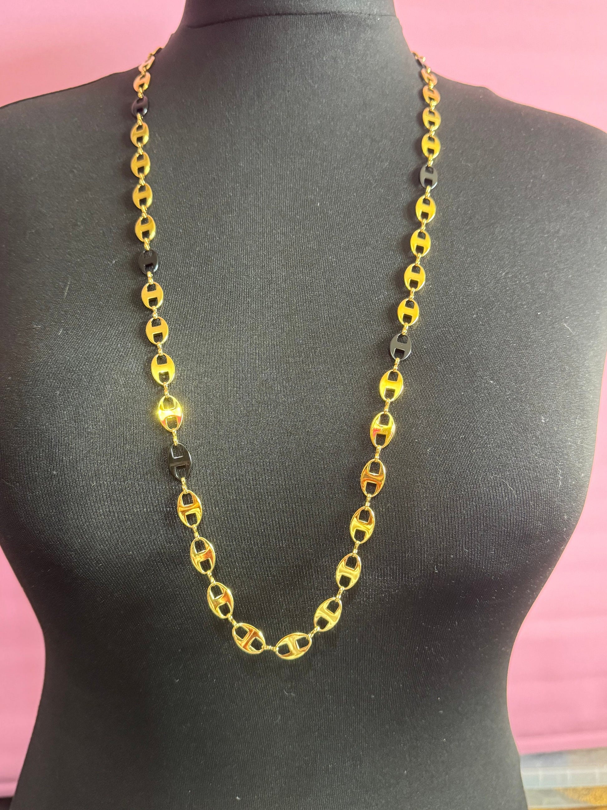 100cm vintage camrose and kross long black and gold plated mariner link chain necklace Jacqueline bouvier Kennedy