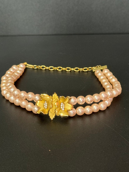 Petite fit 37cm signed RICHELIEU high end vintage pink faux pearl gold tone detail choker necklace