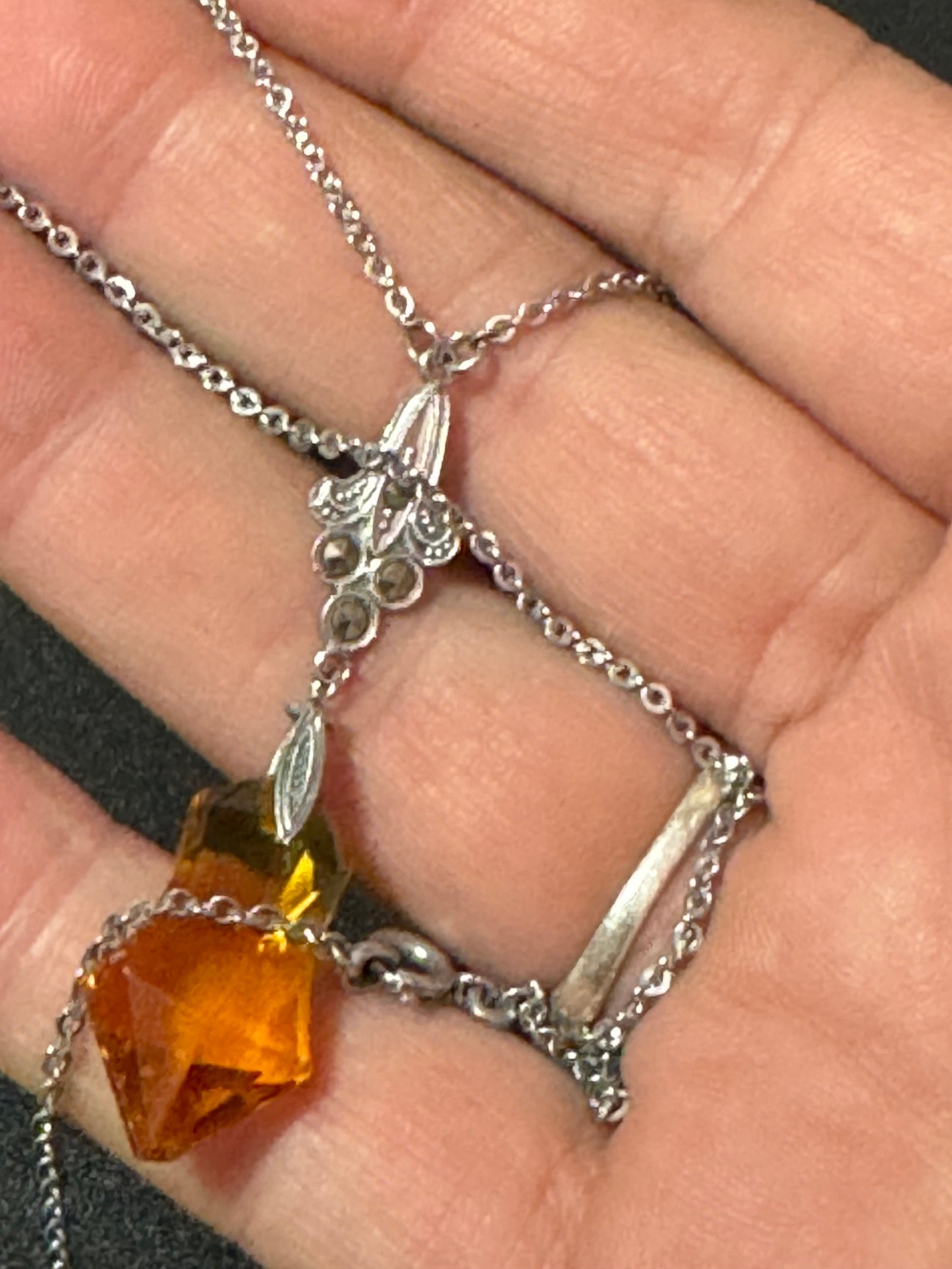 Art Deco chromed crystal orange citrine glass squares silver antique pendant drop necklace 1920s