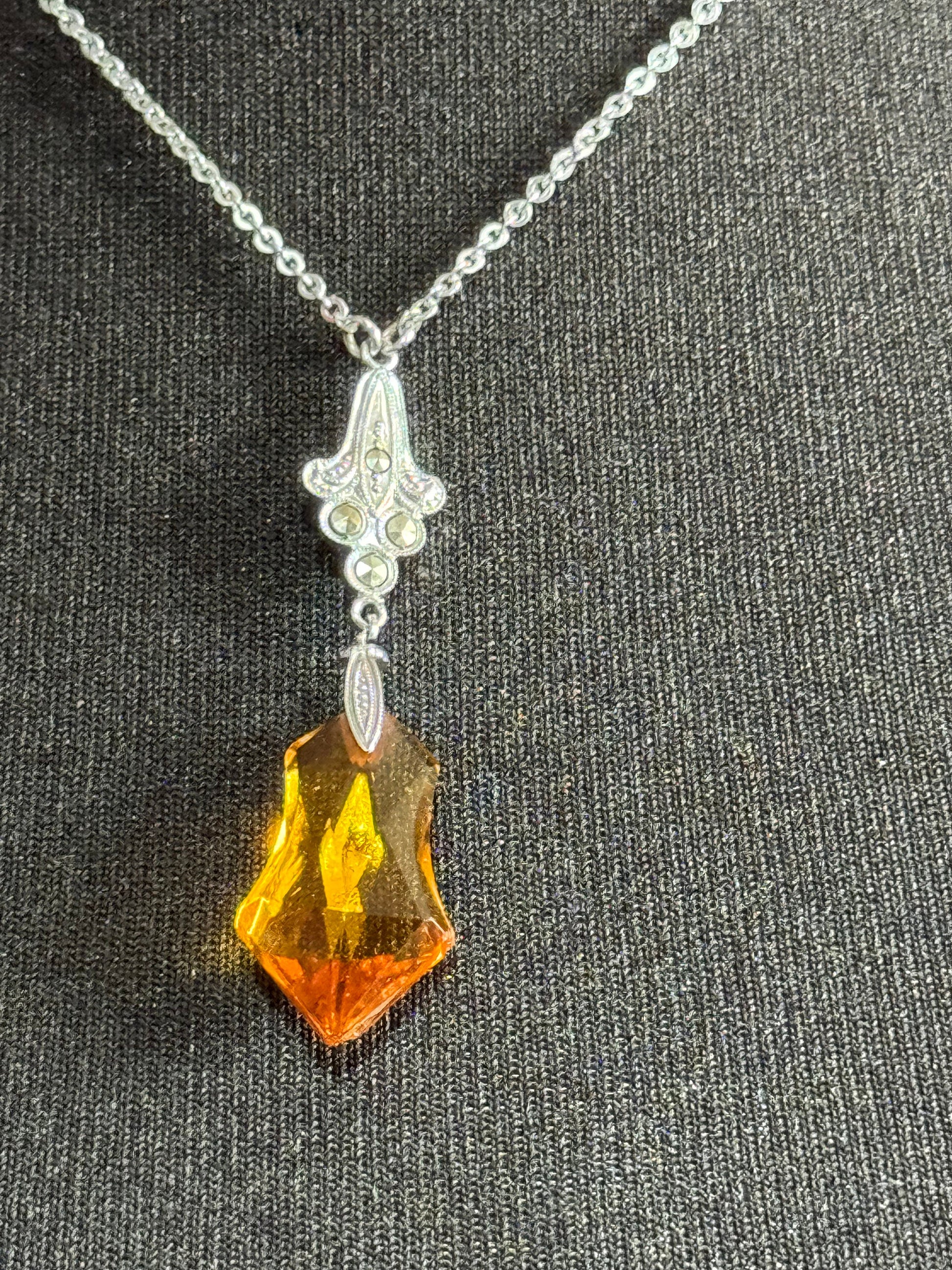 Art Deco chromed crystal orange citrine glass squares silver antique pendant drop necklace 1920s