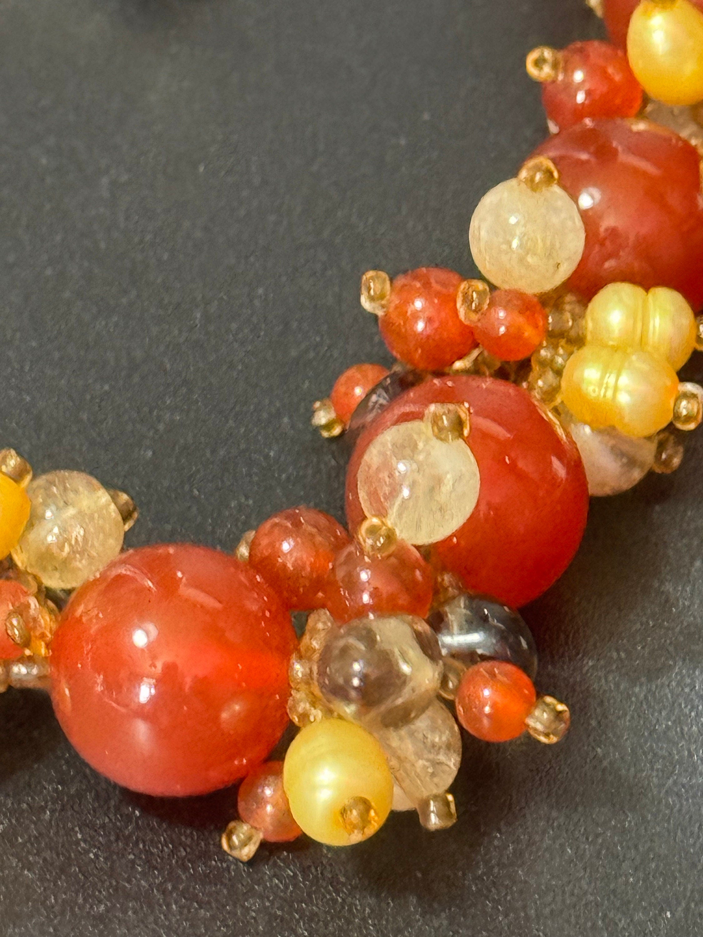 Genuine pearl and carnelian beaded cluster necklace with White metal silver clasp