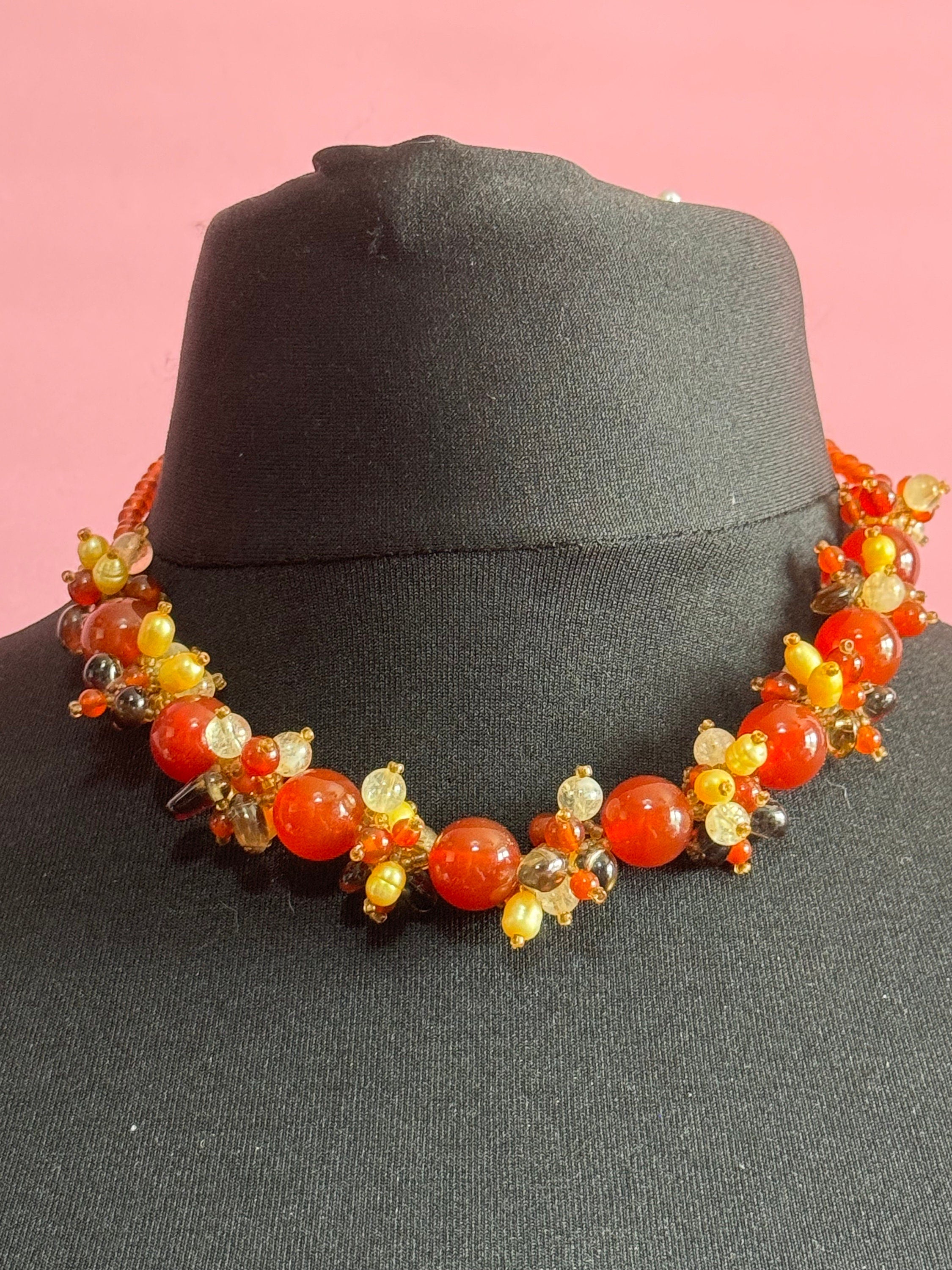 Genuine pearl and carnelian beaded cluster necklace with White metal silver clasp