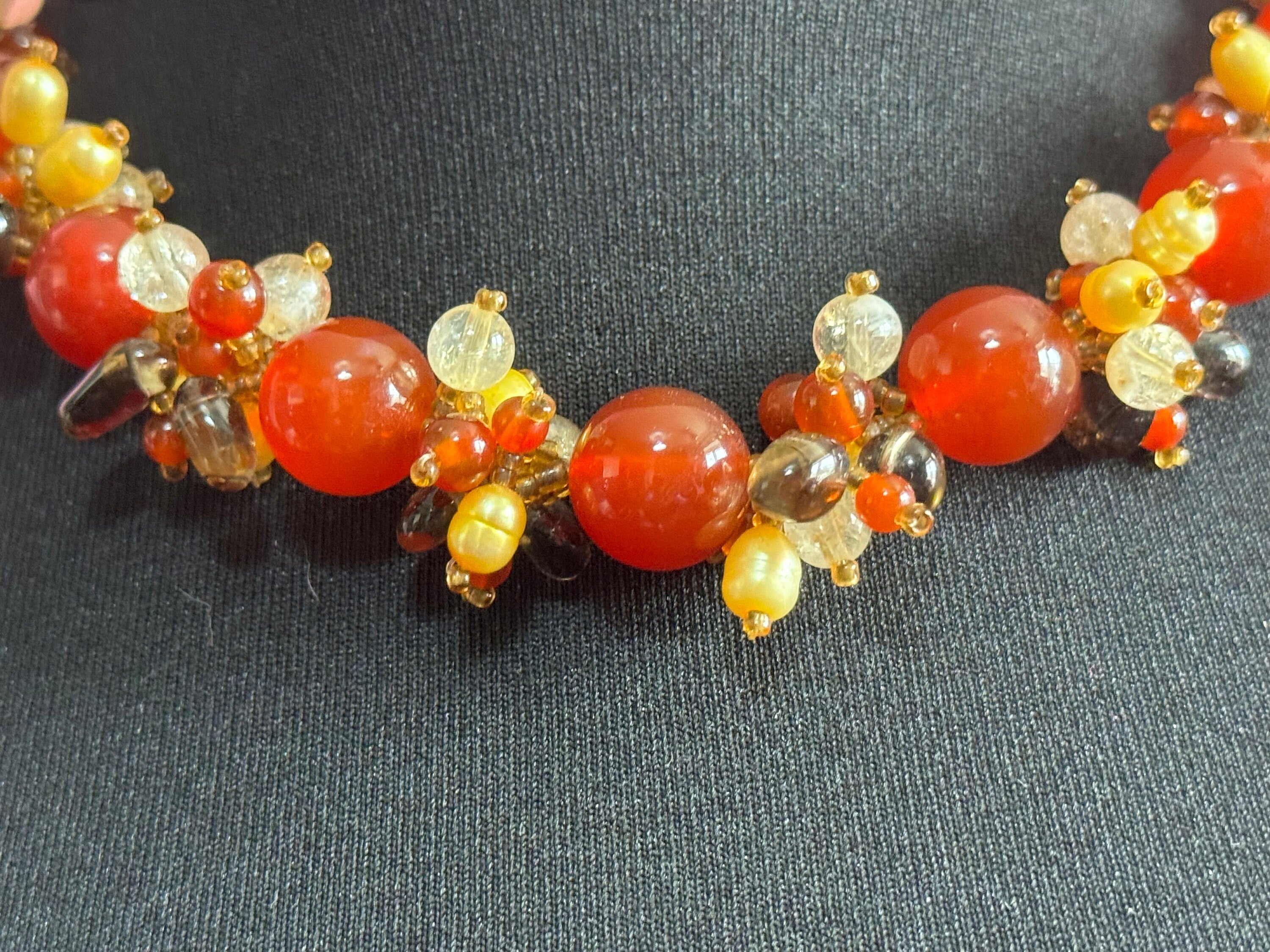 Genuine pearl and carnelian beaded cluster necklace with White metal silver clasp