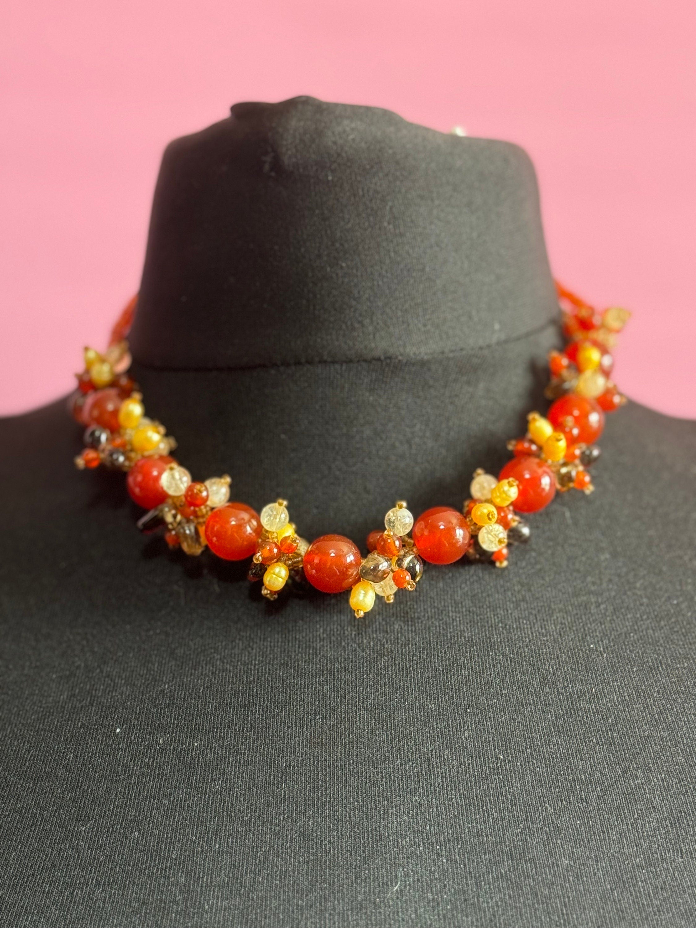 Genuine pearl and carnelian beaded cluster necklace with White metal silver clasp