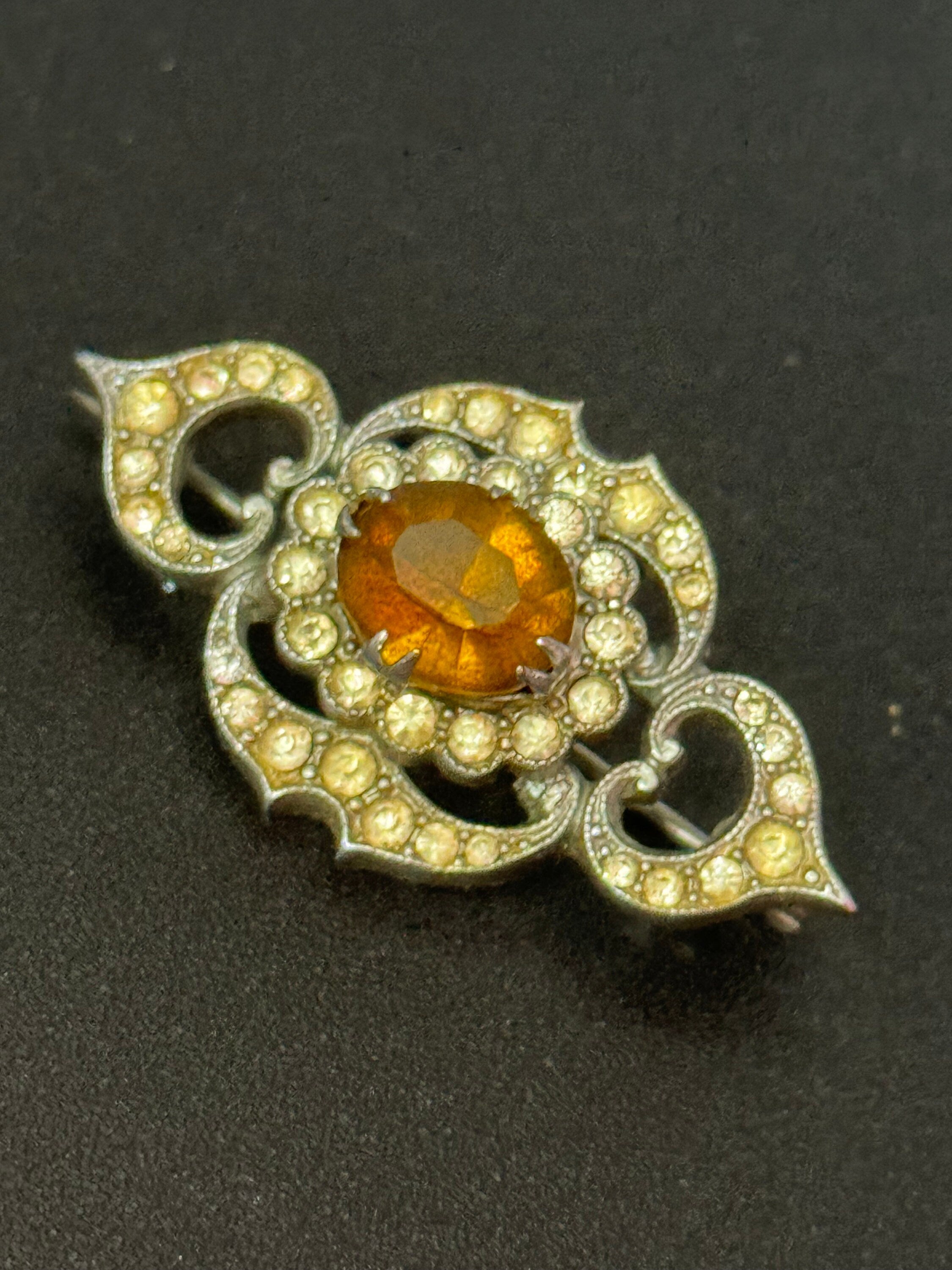 vintage silver tone rhinestone diamanté brooch with orange citrine glass stone