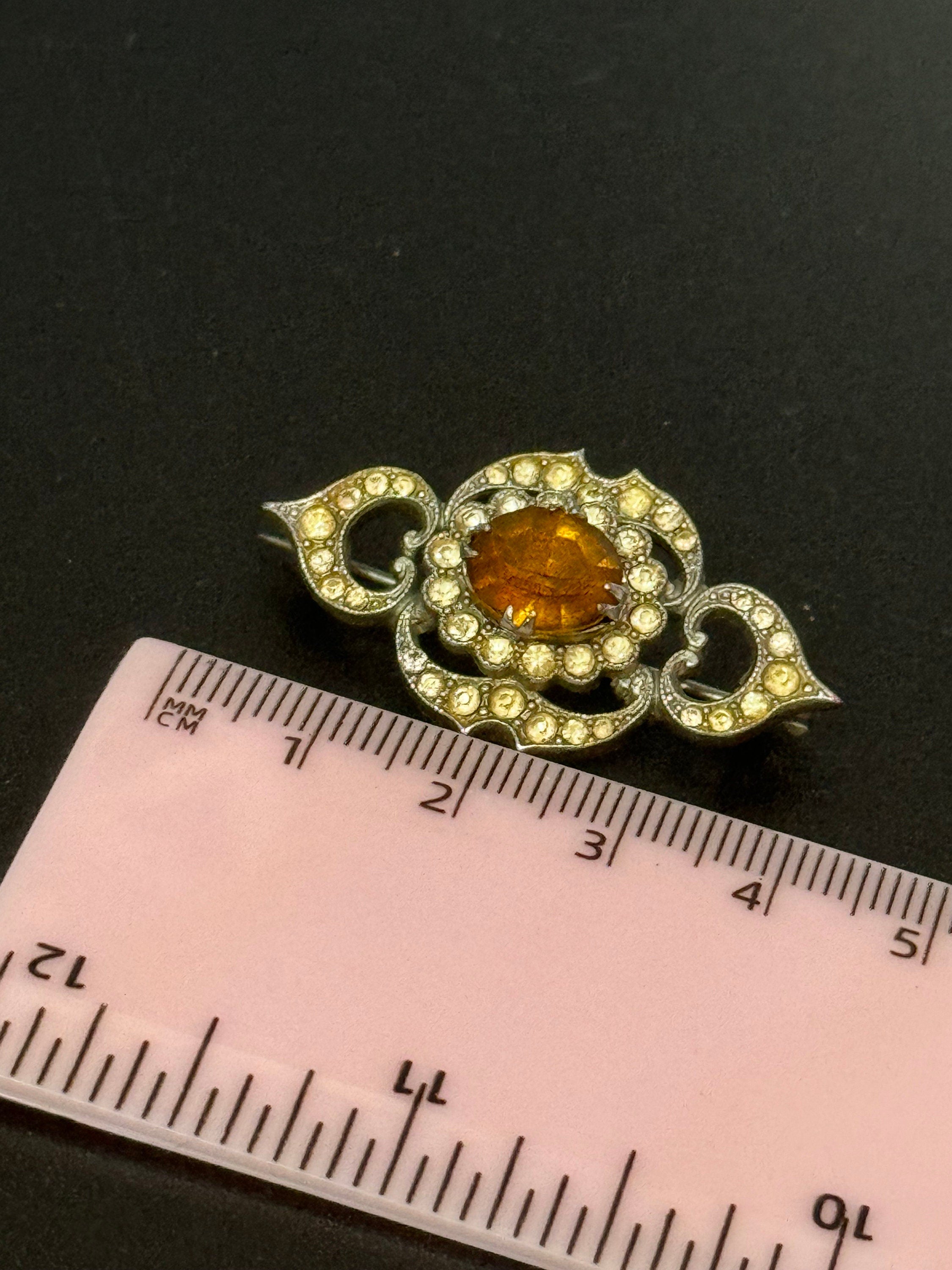 vintage silver tone rhinestone diamanté brooch with orange citrine glass stone