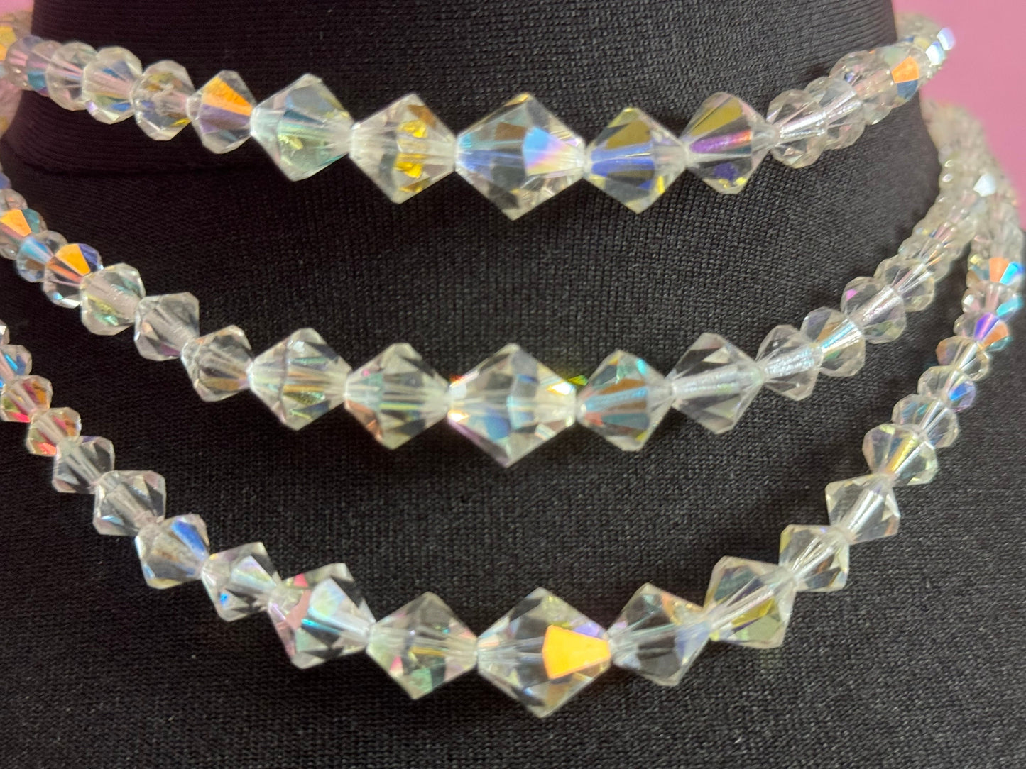 Art Deco clear AB rainbow Aurora borealis glass Crystal 3 row triple strand beaded bead necklace choker festoon waterfall 1920s period