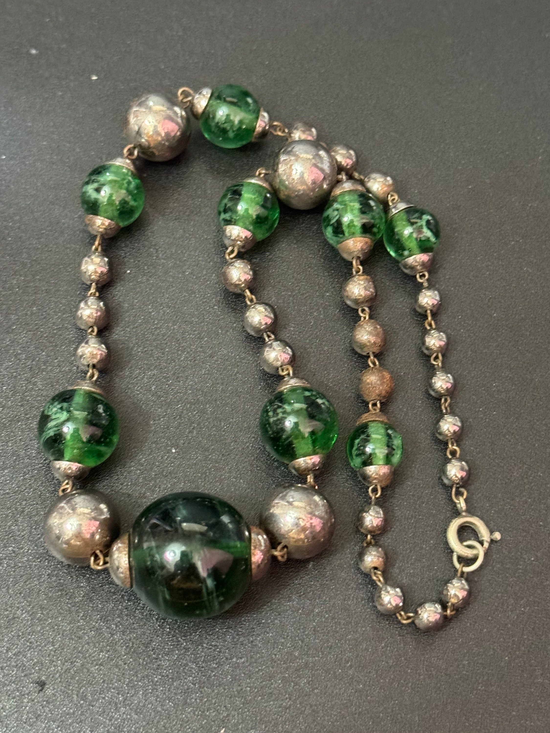 As found antique green crackle glass beaded Art Deco chrome necklace 40cm