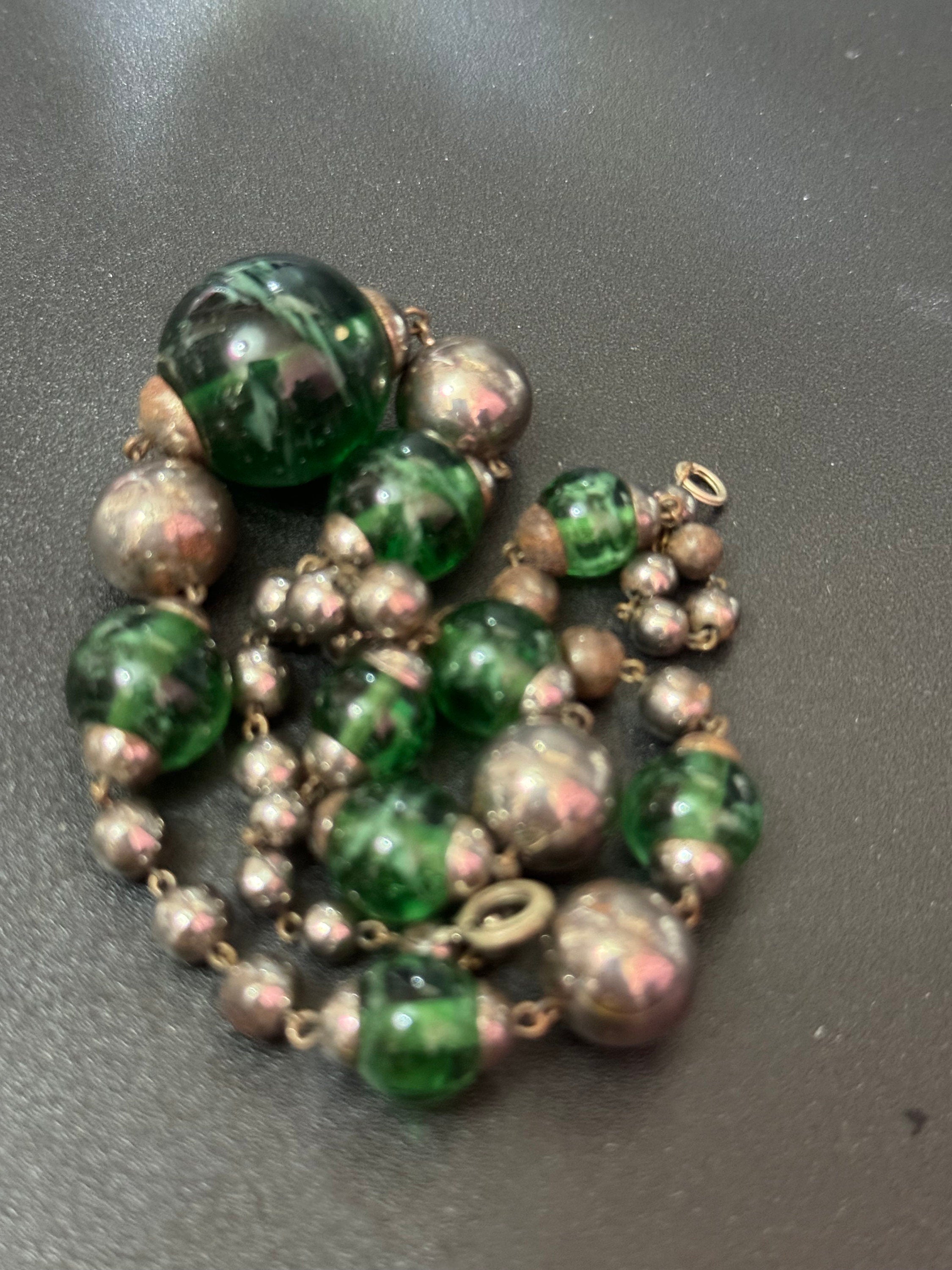 As found antique green crackle glass beaded Art Deco chrome necklace 40cm