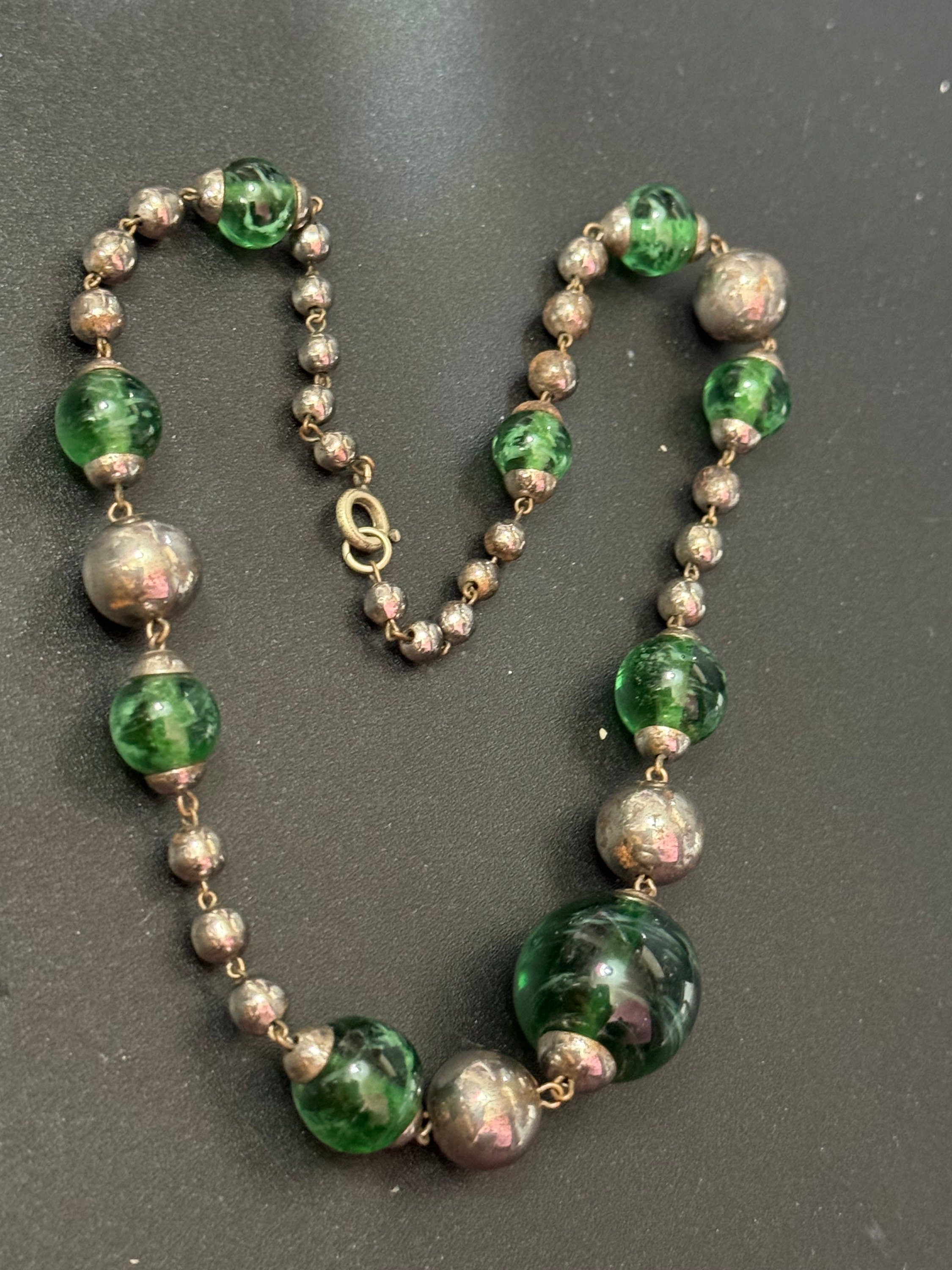 As found antique green crackle glass beaded Art Deco chrome necklace 40cm