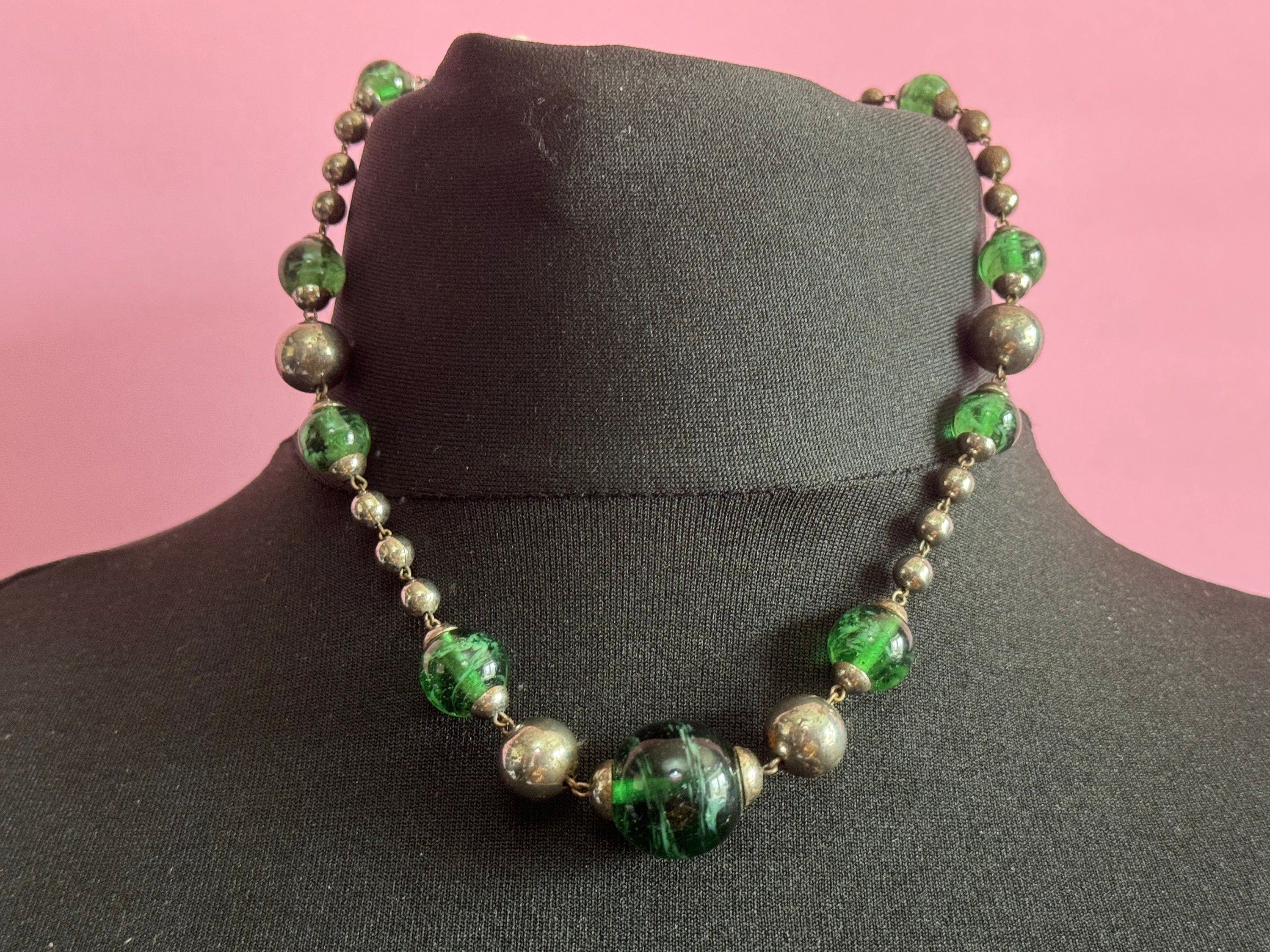 As found antique green crackle glass beaded Art Deco chrome necklace 40cm