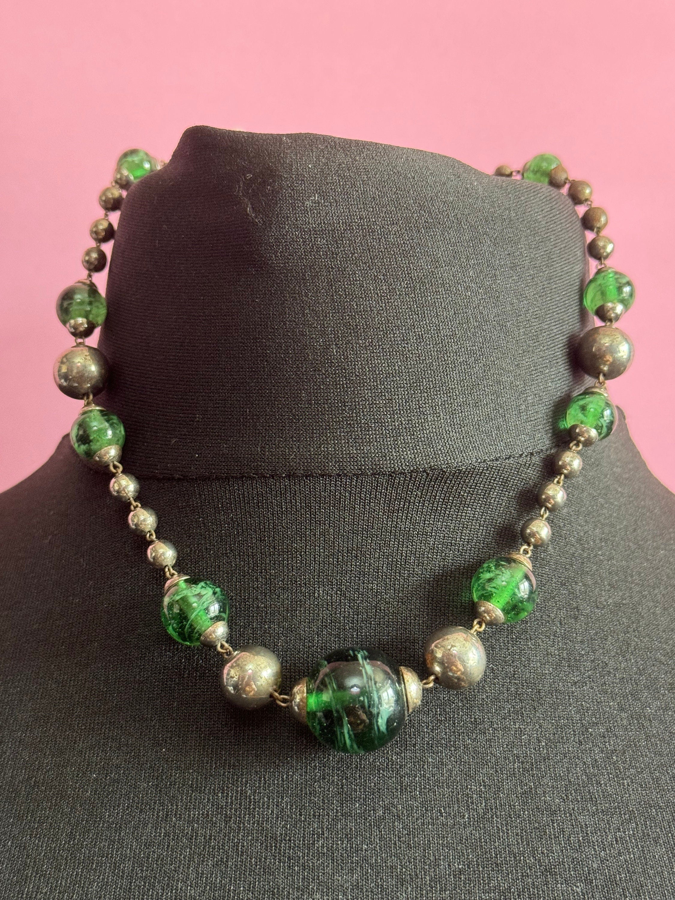 As found antique green crackle glass beaded Art Deco chrome necklace 40cm