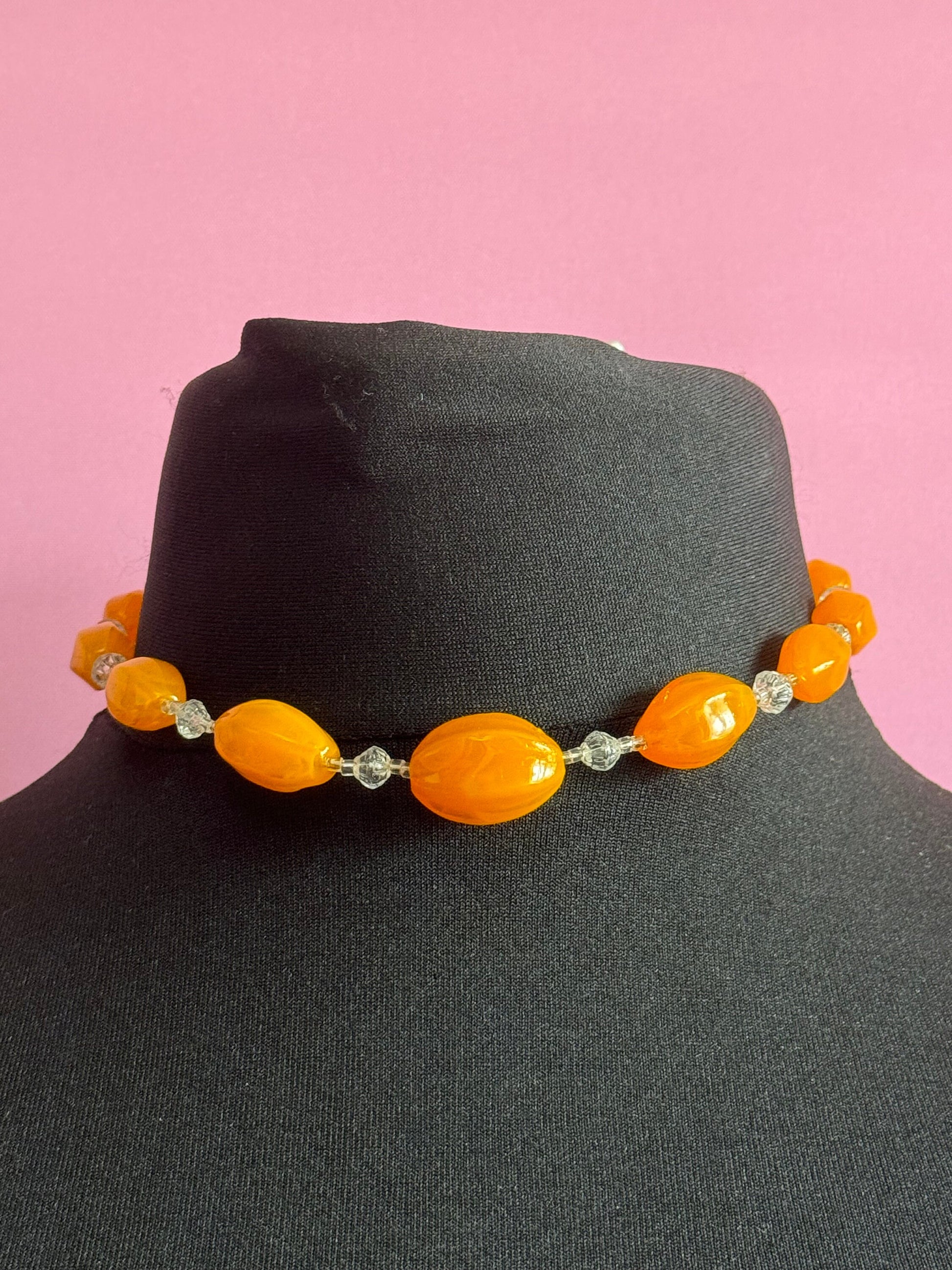 Antique bright orange oval beaded clear crystal beaded glass Art Deco necklace 42cm