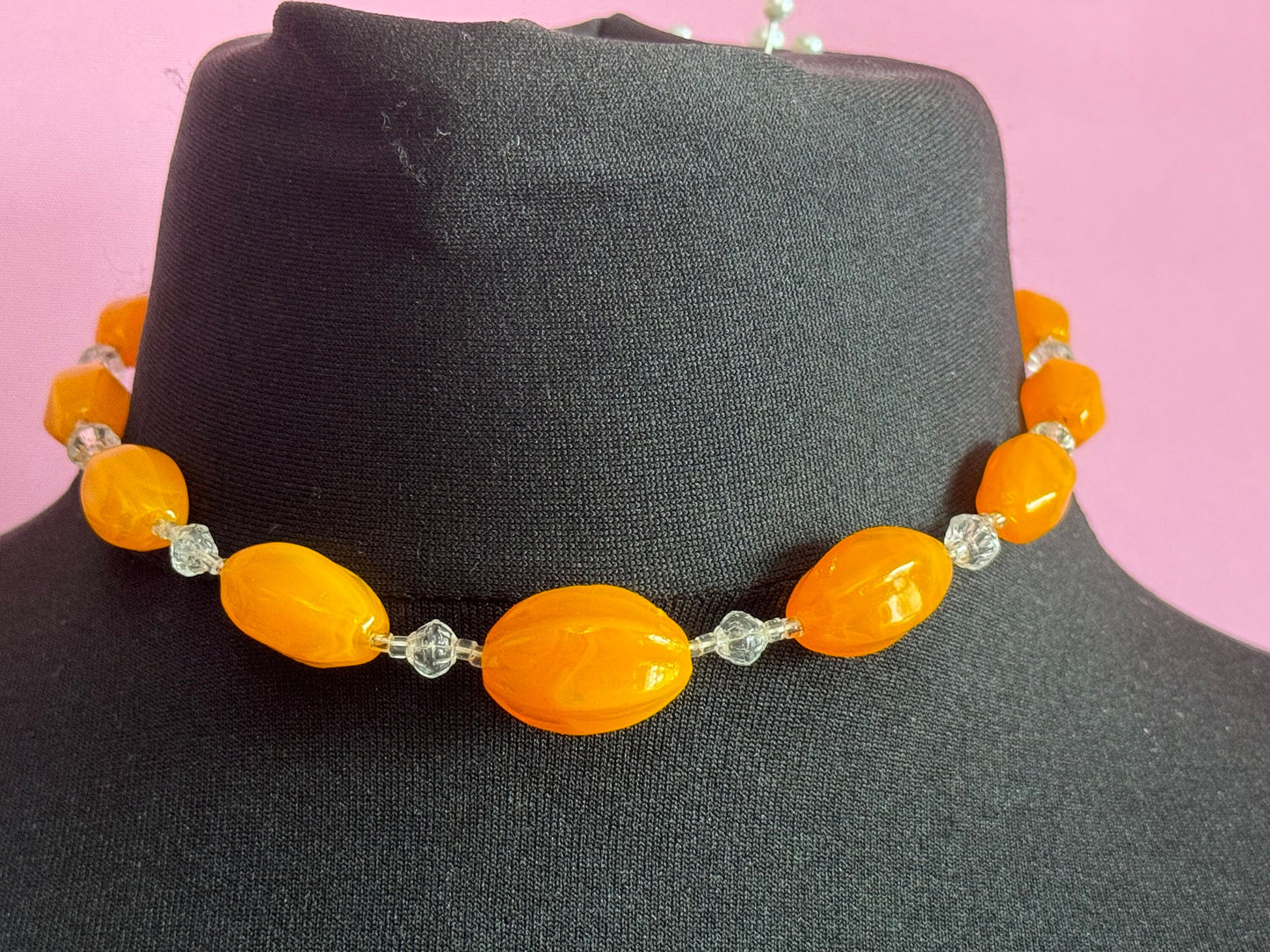 Antique bright orange oval beaded clear crystal beaded glass Art Deco necklace 42cm