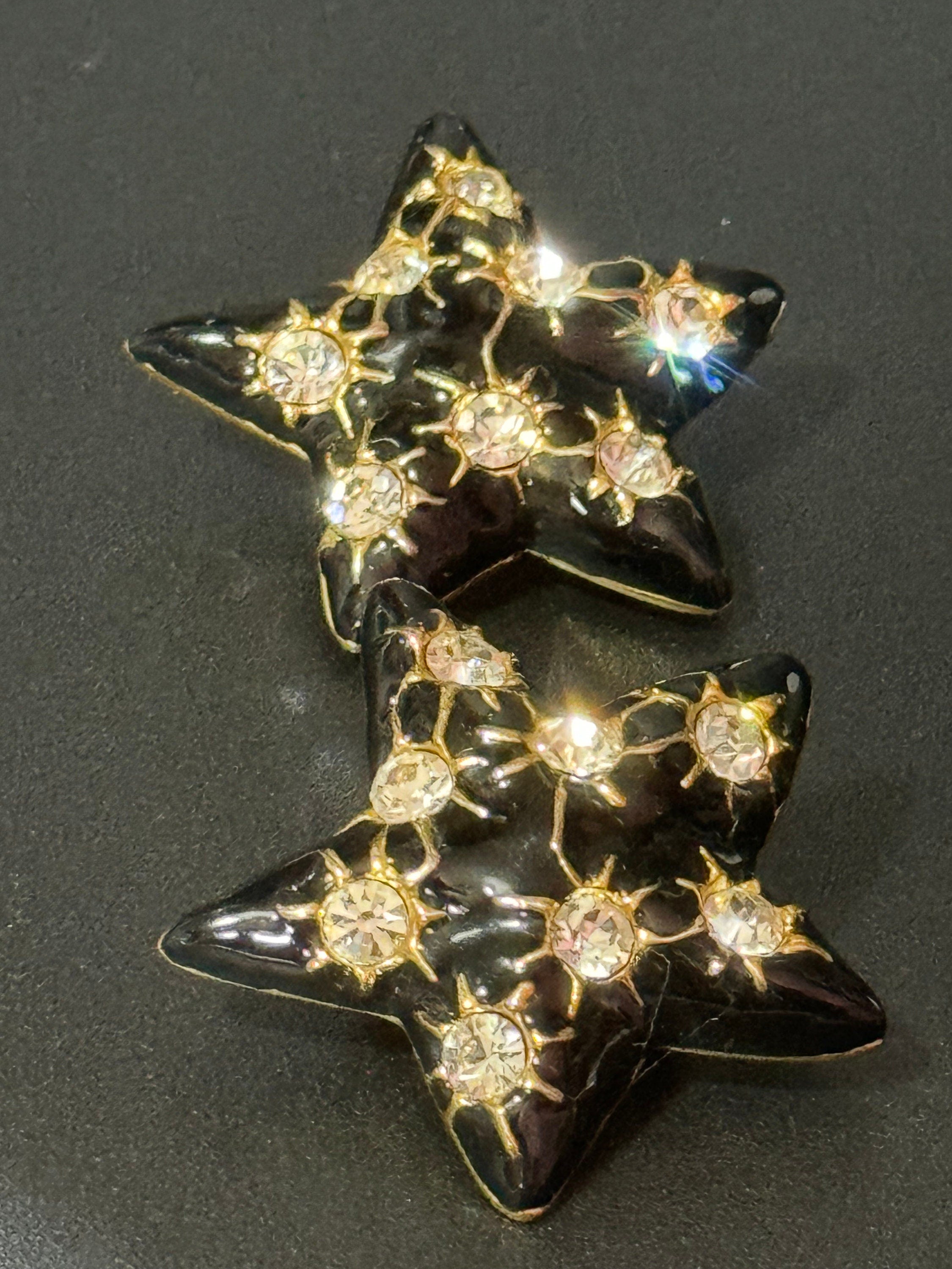 retro Oversized black enamel gold statement star diamanté clip on stud earrings