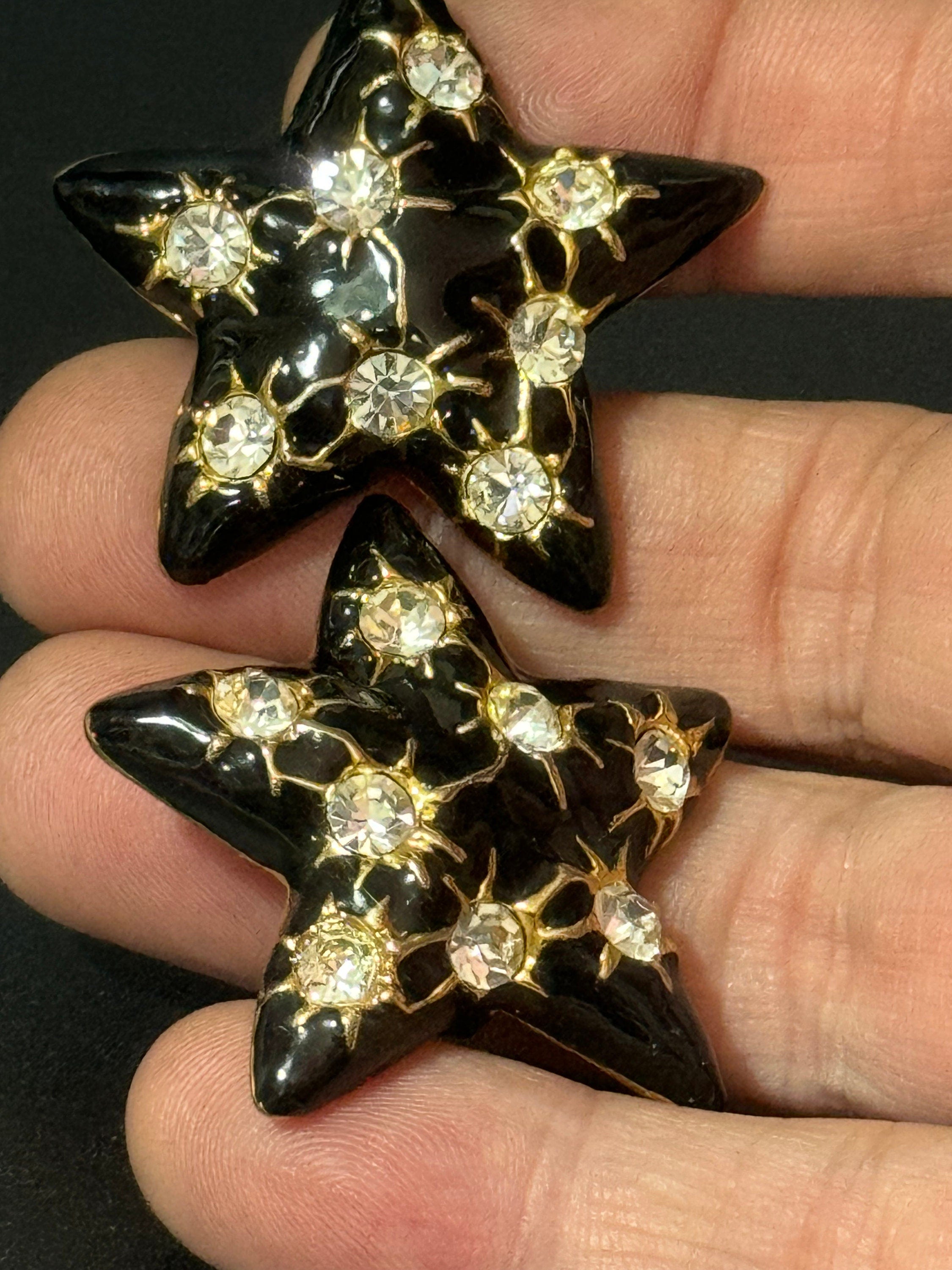 retro Oversized black enamel gold statement star diamanté clip on stud earrings