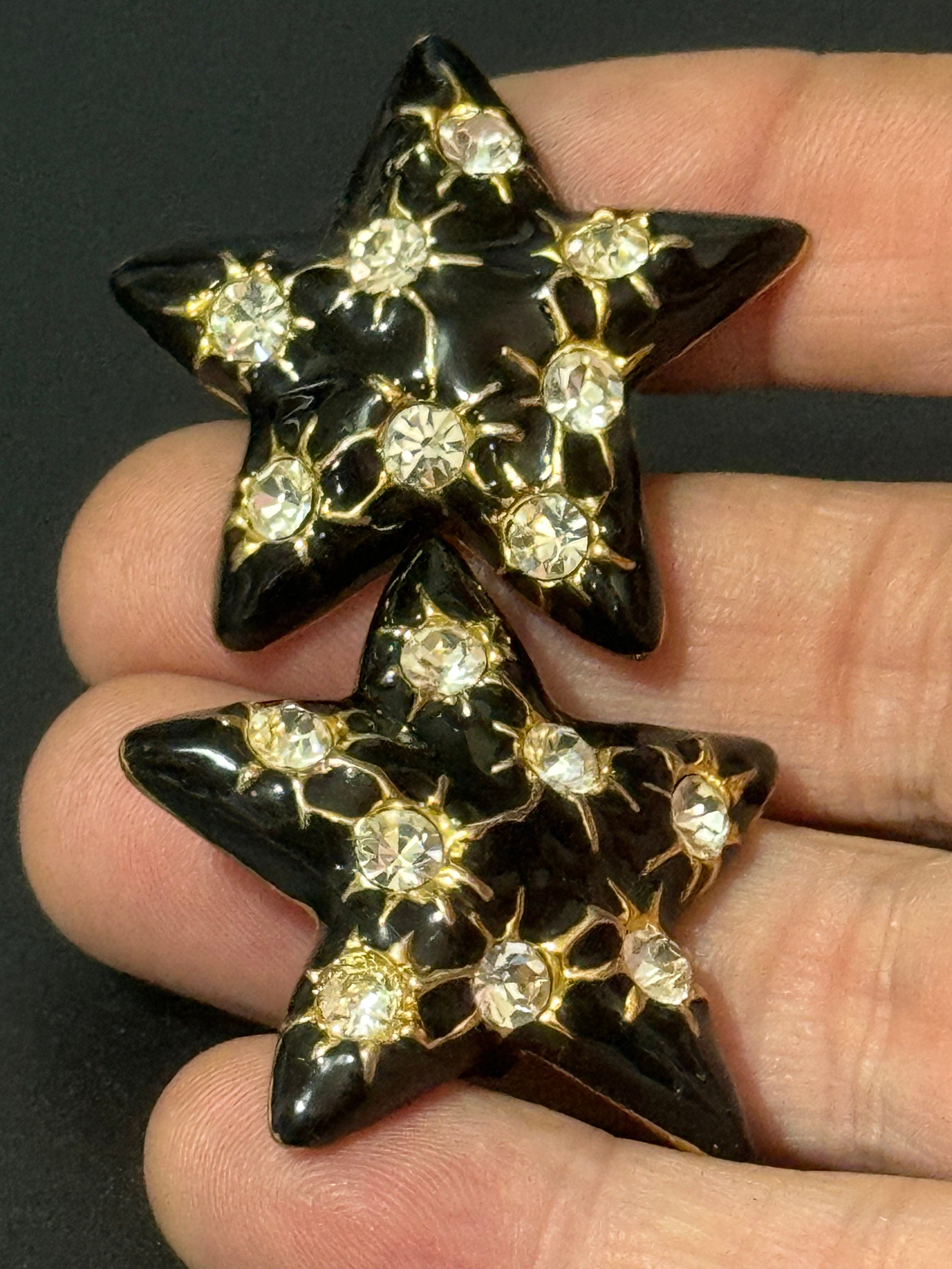 retro Oversized black enamel gold statement star diamanté clip on stud earrings