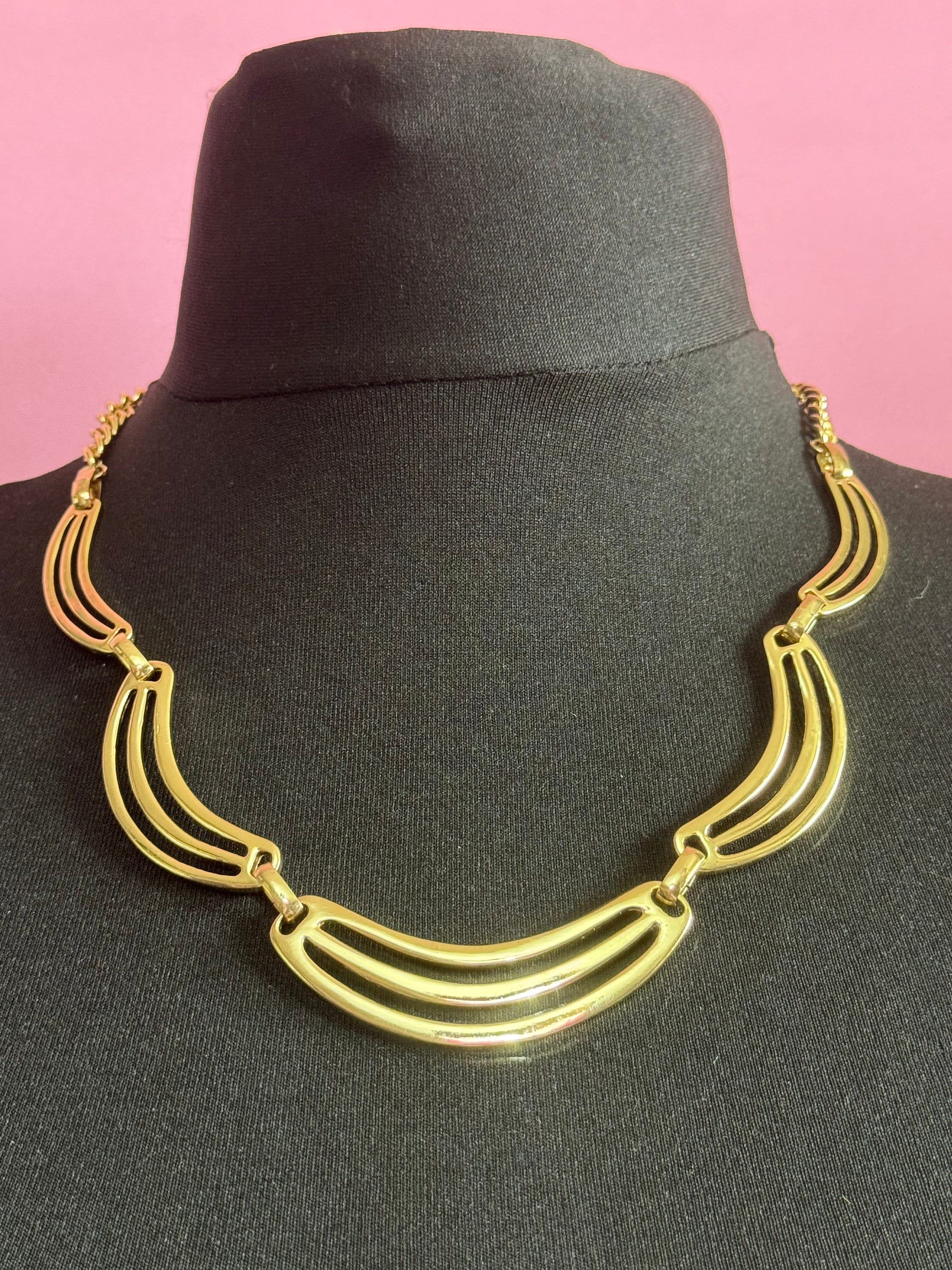 Retro long Gold Tone Metal panel link chain collar necklace adjustable length