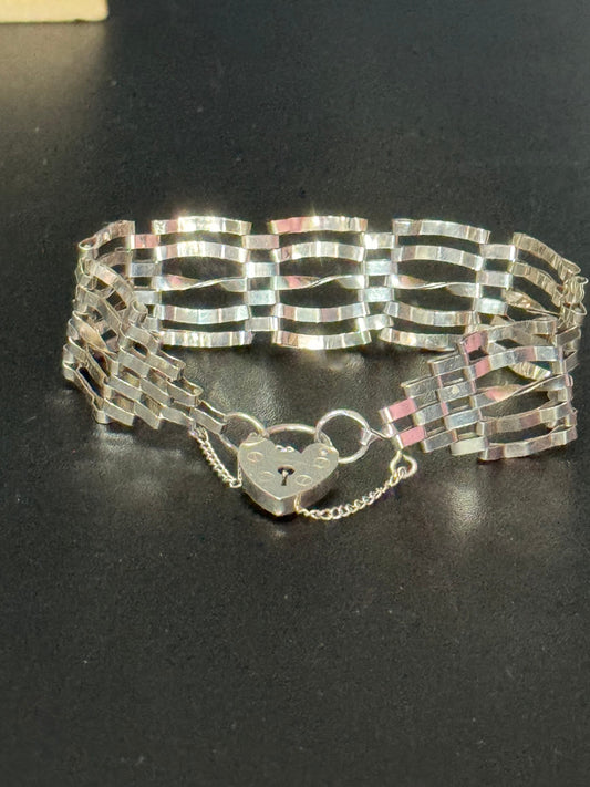 Vintage 925 sterling silver 6 bar gate bracelet with heart padlock and safety chain London 1979