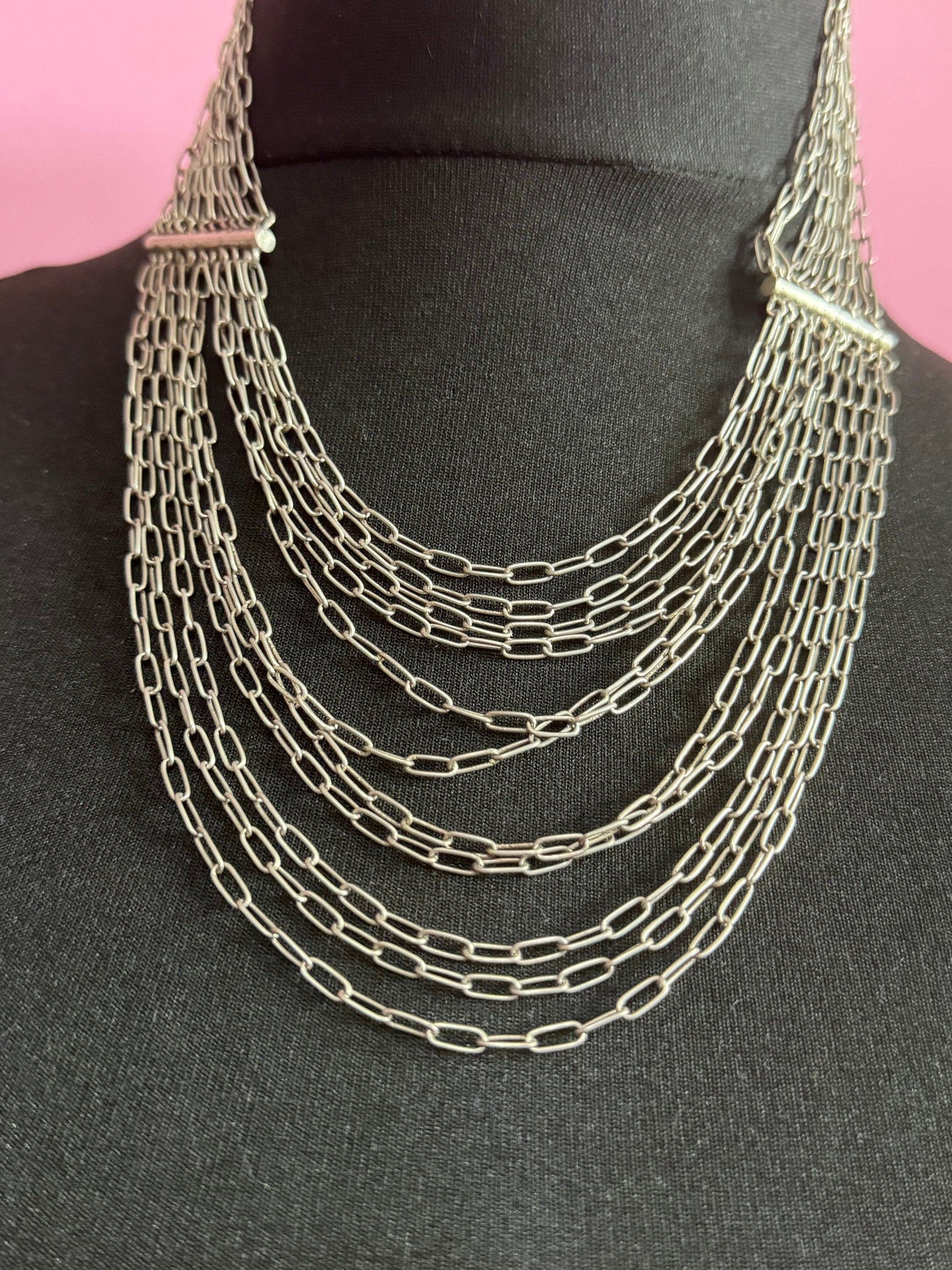 Mexican vintage 925 sterling silver Multi strand chain link bib waterfall necklace 42cm 66 grams