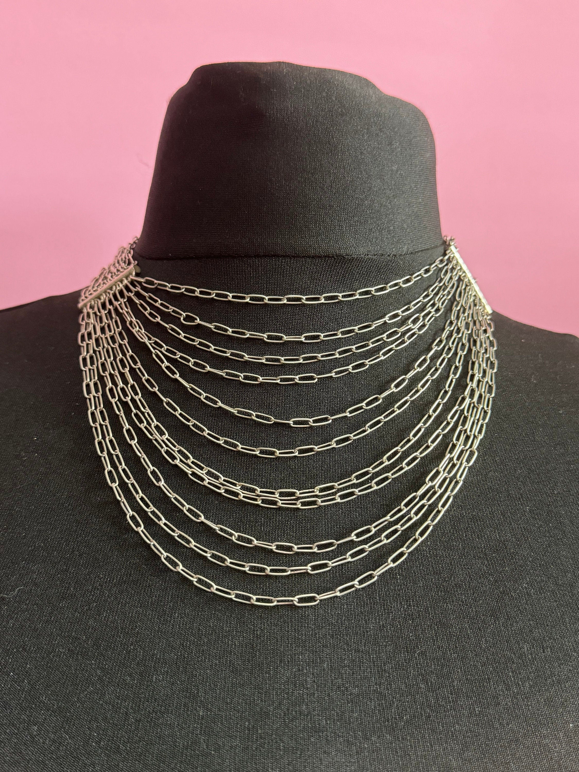 Mexican vintage 925 sterling silver Multi strand chain link bib waterfall necklace 42cm 66 grams