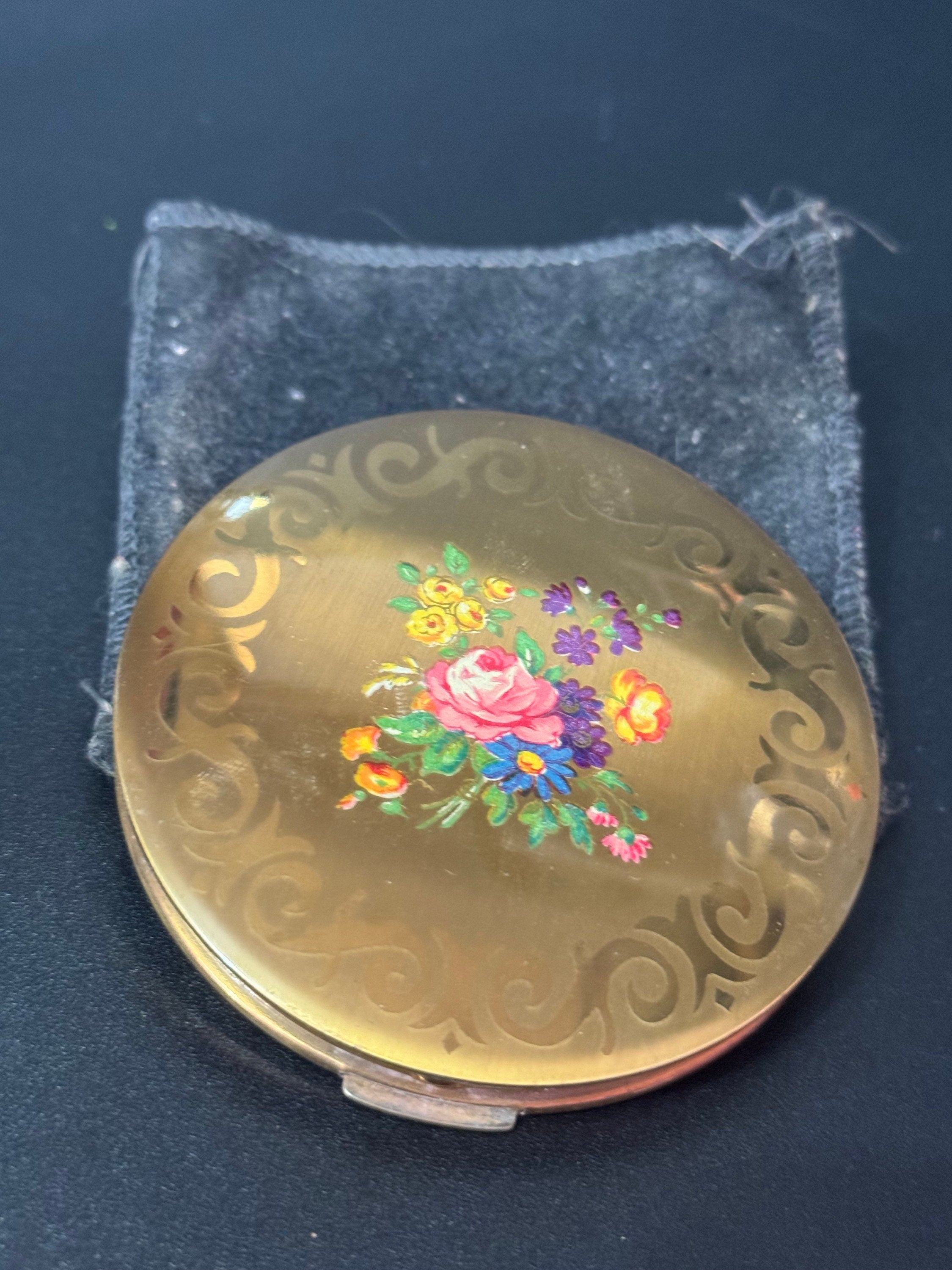 Garden flowers floral Stratton powder compact gold tone