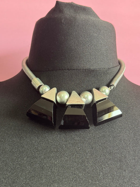 Modernist signed silver tone black glass choker necklace Brazilian