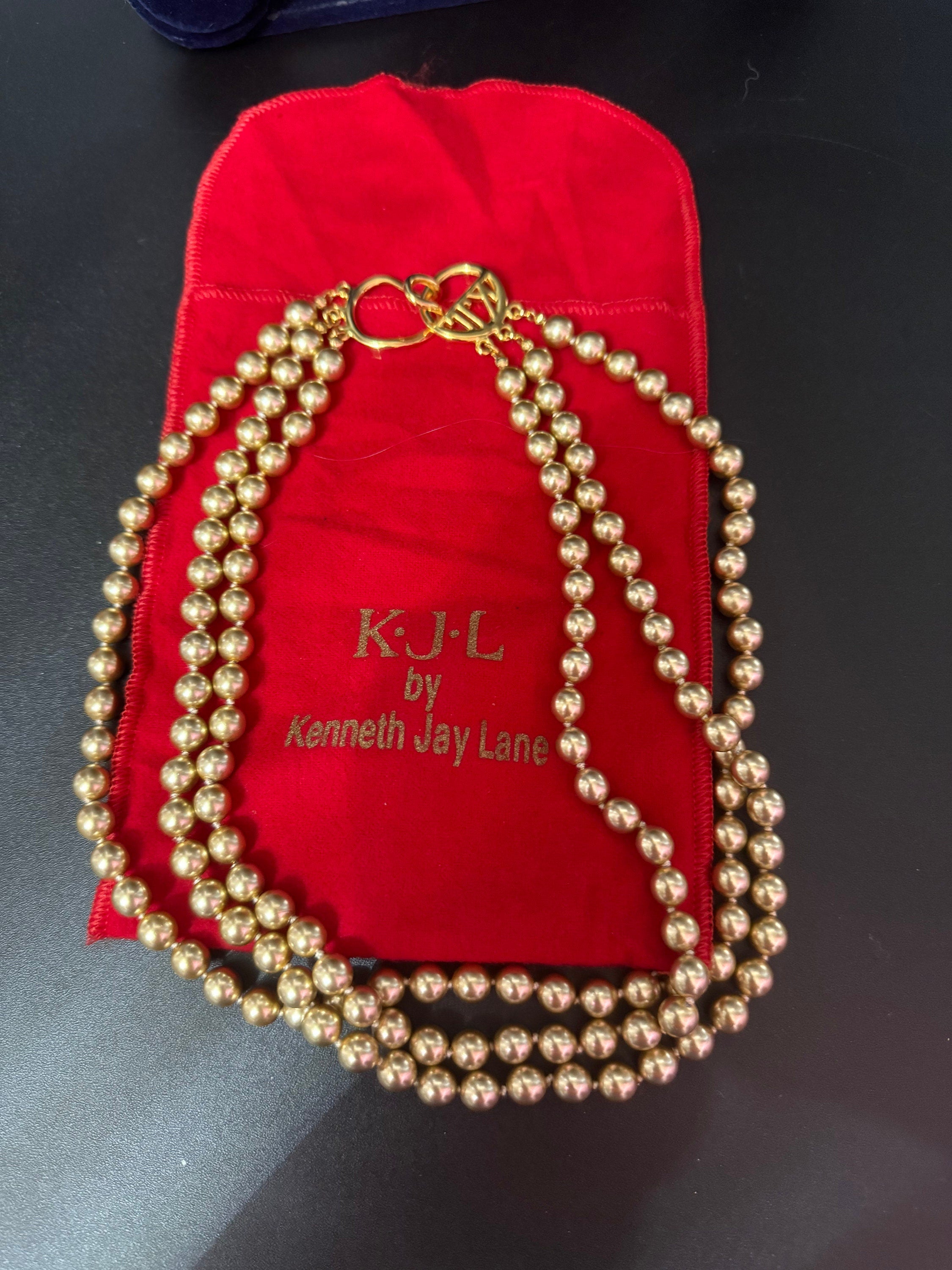 Signed KJL Brown taupe glass pearl 3 row beaded necklace Kenneth jay lane monogram clasp